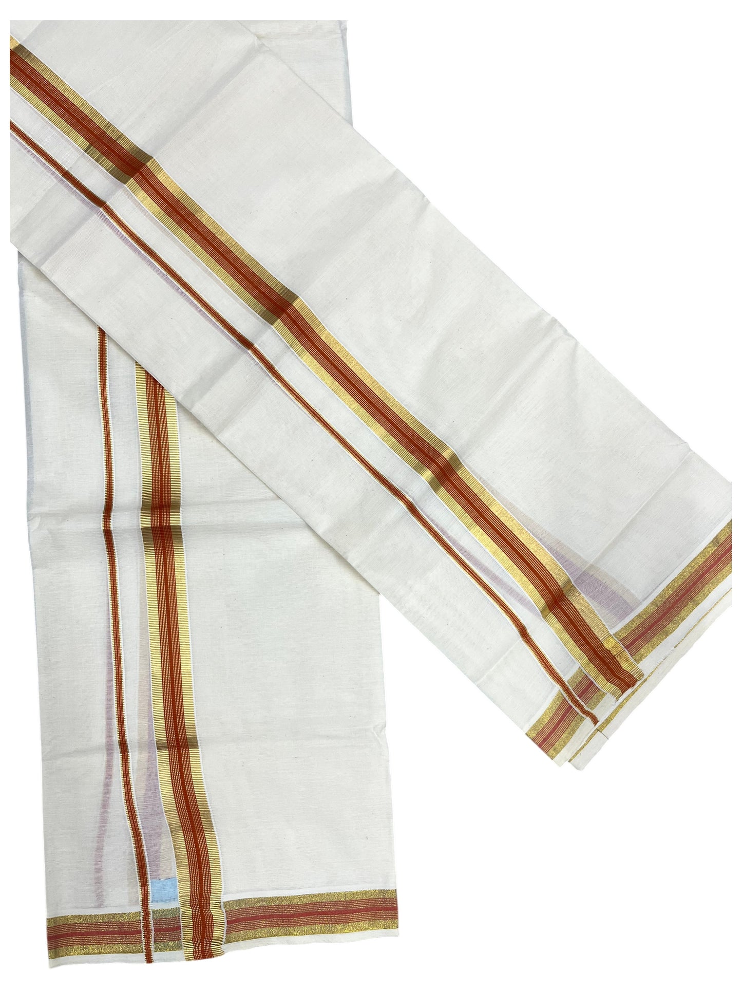 Southloom Pure Cotton Kerala Single Set Mundu (Mundum Neriyathum) with Orange and Kasavu Border 2.80 Mtrs SLKK