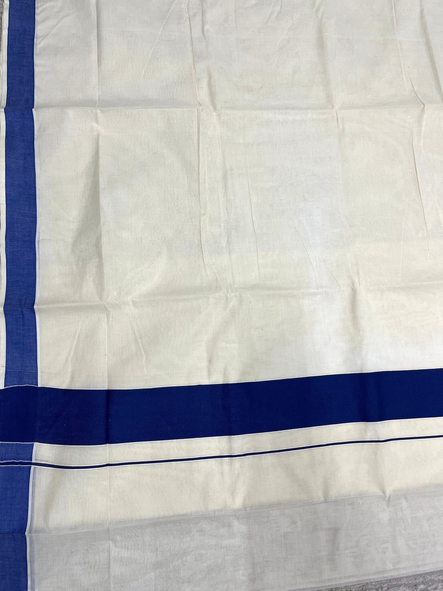 Southloom Kerala Pure Cotton Plain Kasavu Saree with Blue Border 3 inch