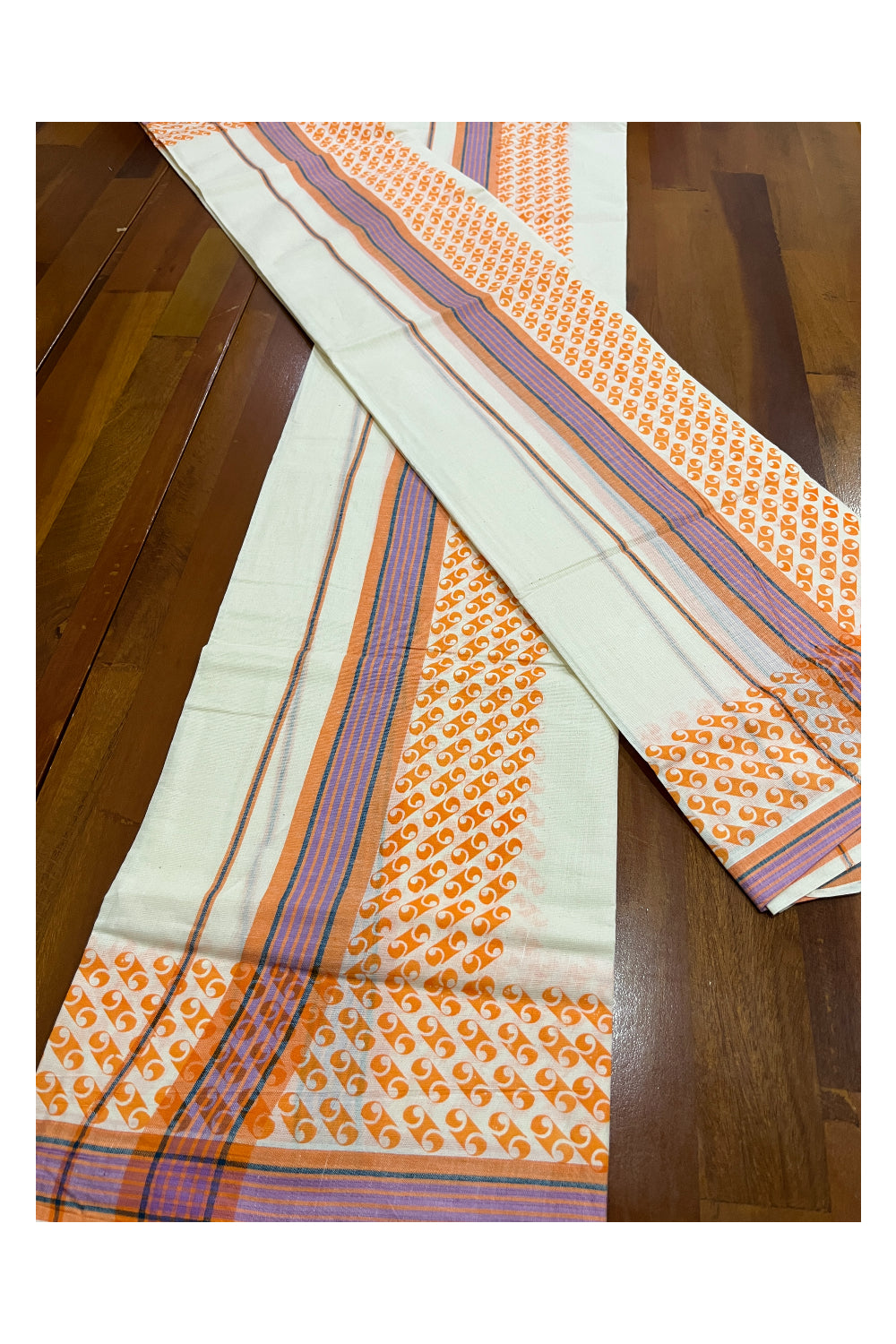 Kerala Cotton Mulloth Mundum Neriyathum Single (Set Mundu) with Orange Block Printed Border (Extra Soft Cotton)