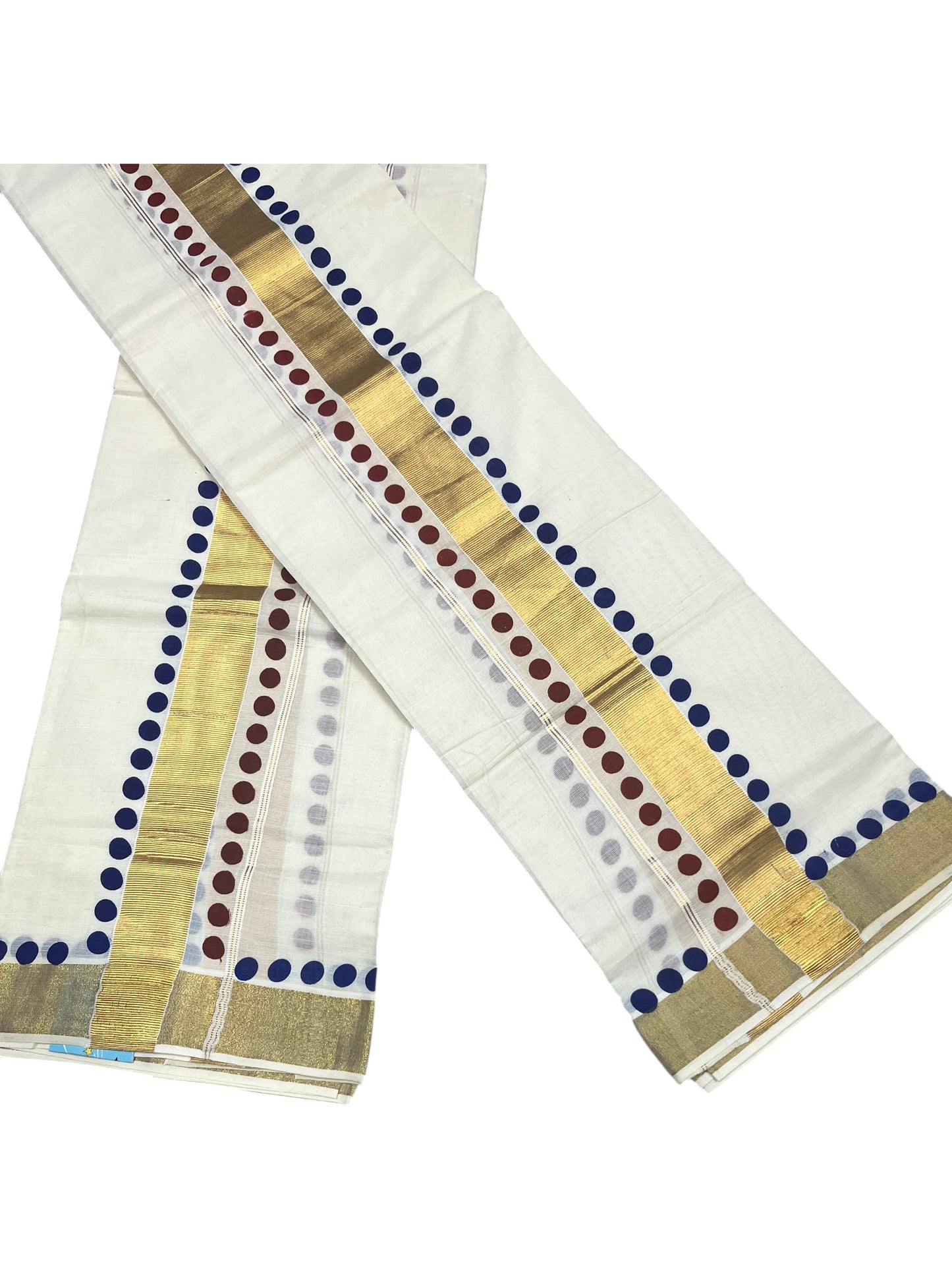 Southloom Kerala Cotton Kasavu Single Set Mundu (Mundum Neriyathum) with Maroon And Blue Polka Dots Border SLKK