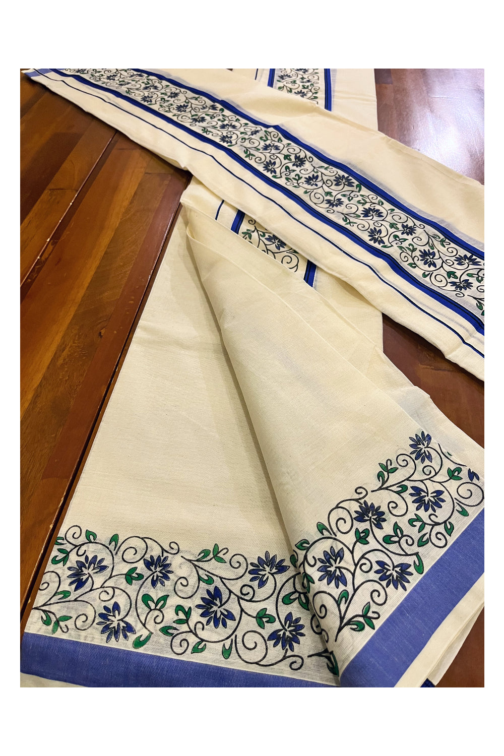 Kerala Cotton Set Mundu Single (Mundum Neriyathum) with Blue Floral Block Printed Border