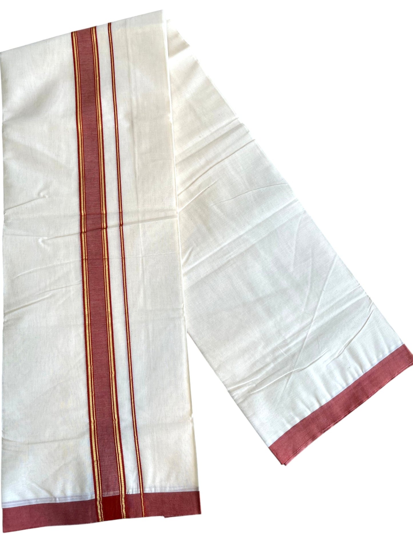 Southloom Pure Cotton Mundu with Golden Lines and Red Border (South Indian Kerala Dhoti)