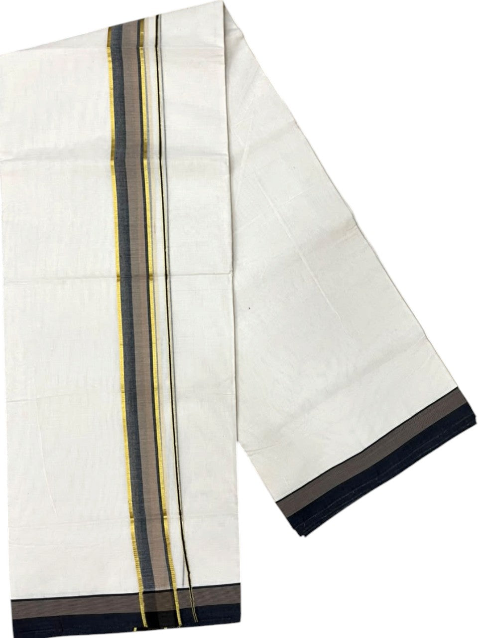 Southloom Pure Cotton Mundu with Siver Lines and Black & Brown  Border (South Indian Kerala Dhoti)
