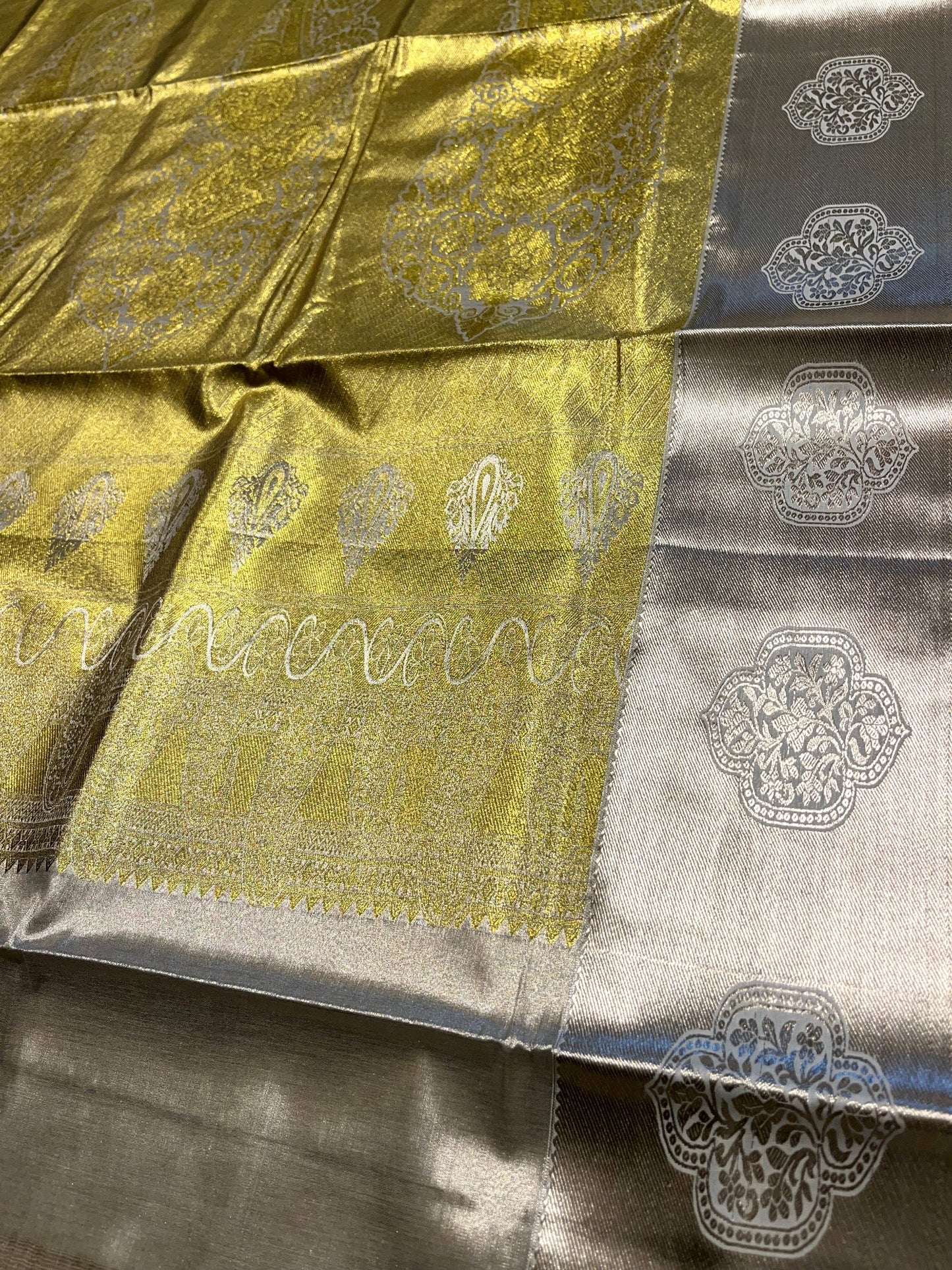 Southloom Tissue Kasavu Replica Saree with Heavy Golden Works Across Body and Kasavu Border