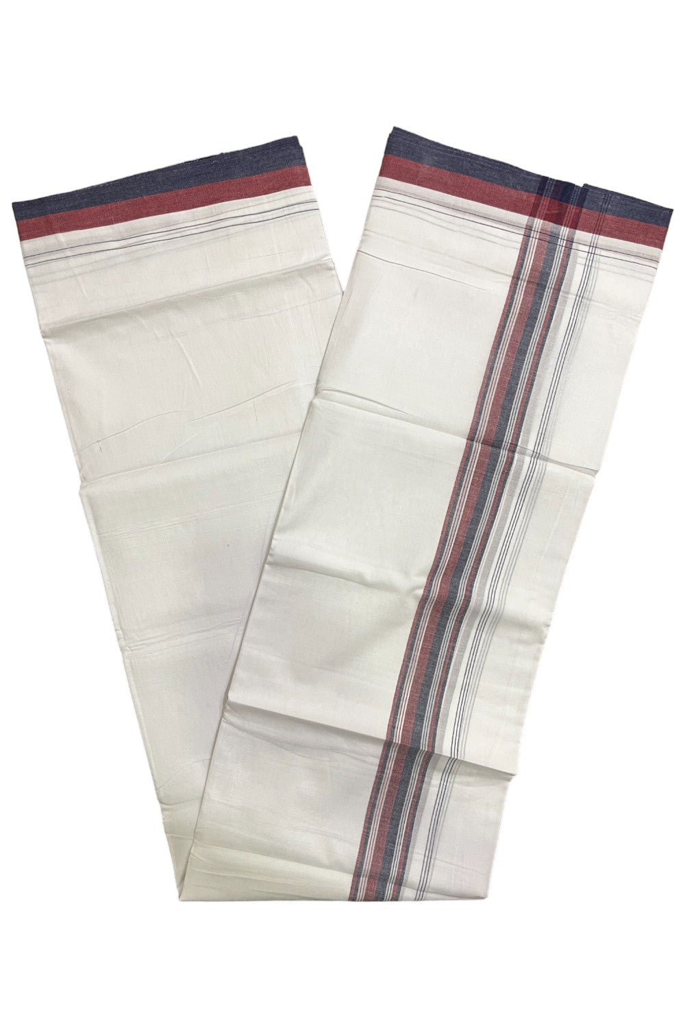 Pure White Cotton Kerala Double Mundu with Maroon Blue Border (South Indian Kerala Dhoti)