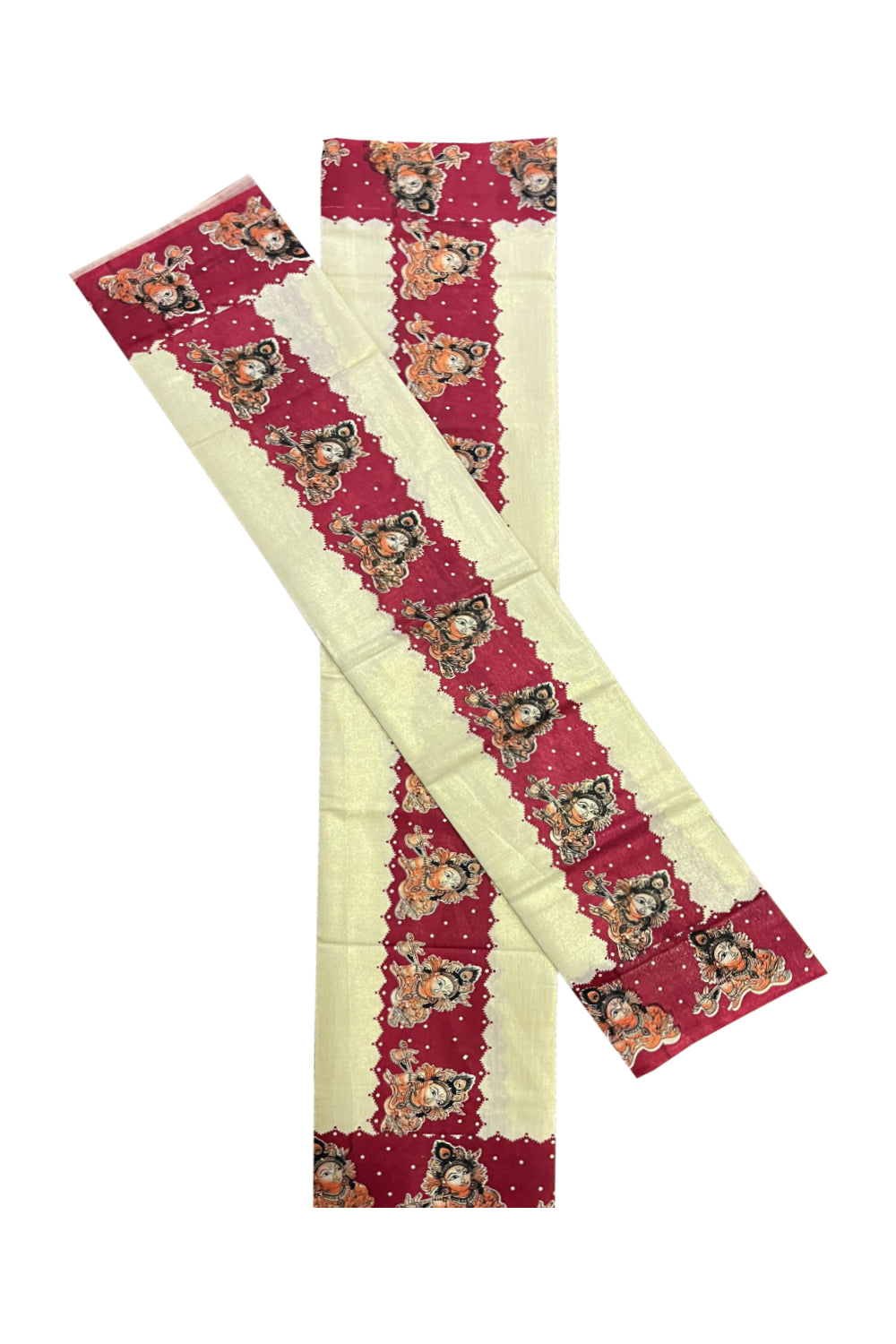 Kerala Tissue Kasavu Set Mundu (Mundum Neriyathum) with Krishna Mural Prints on Red Border (Onam Set Mundu 2023)