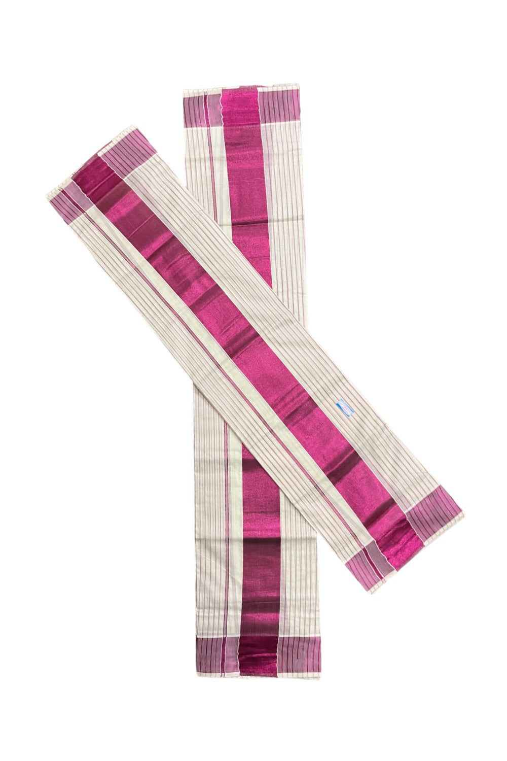 Kerala Cotton Set Mundu (Mundum Neriyathum) with Dark Pink Kasavu Lines Across Body 2.80 Mtrs