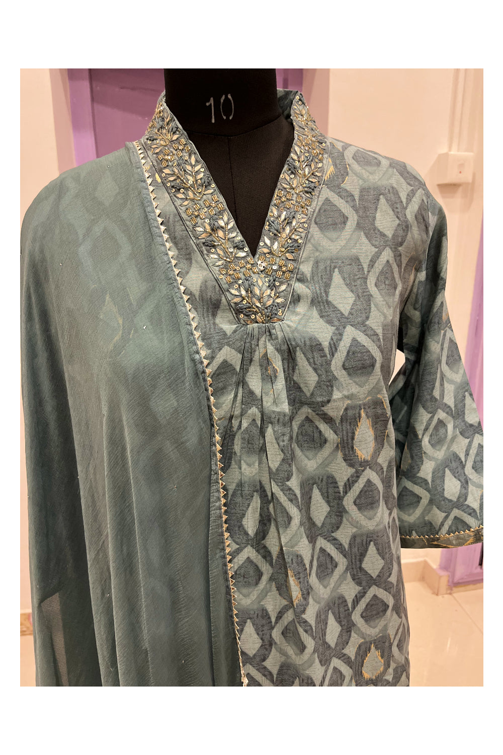 Southloom Stitched Semi Silk Salwar Set in Greenish Grey Prints and Sequins Works on Neck