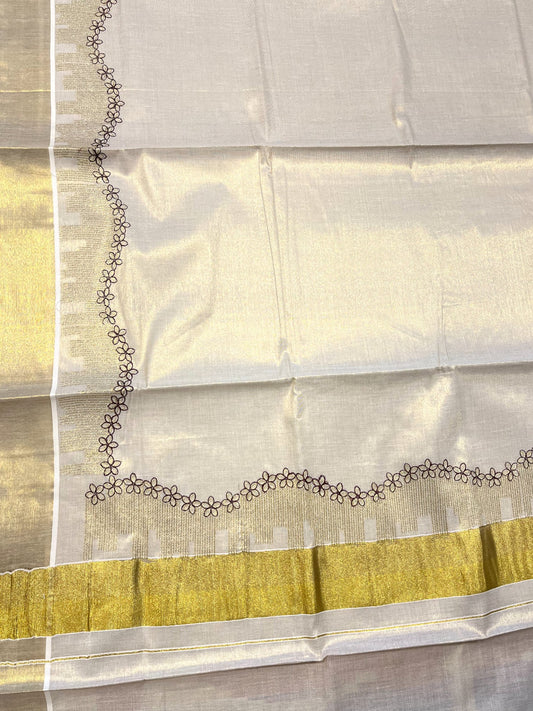 Southloom Tissue Kerala Kasavu Saree with Brown Floral  Embroidery Design