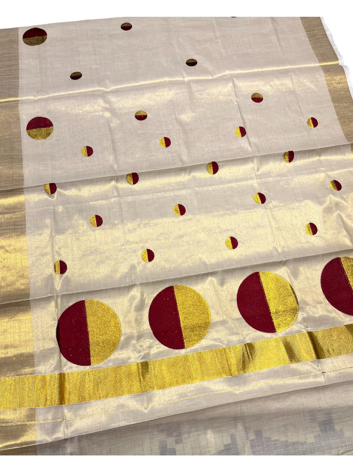 Southloom Kerala Tissue Kasavu Saree With Maroon Polka Dots Embroidery on Body