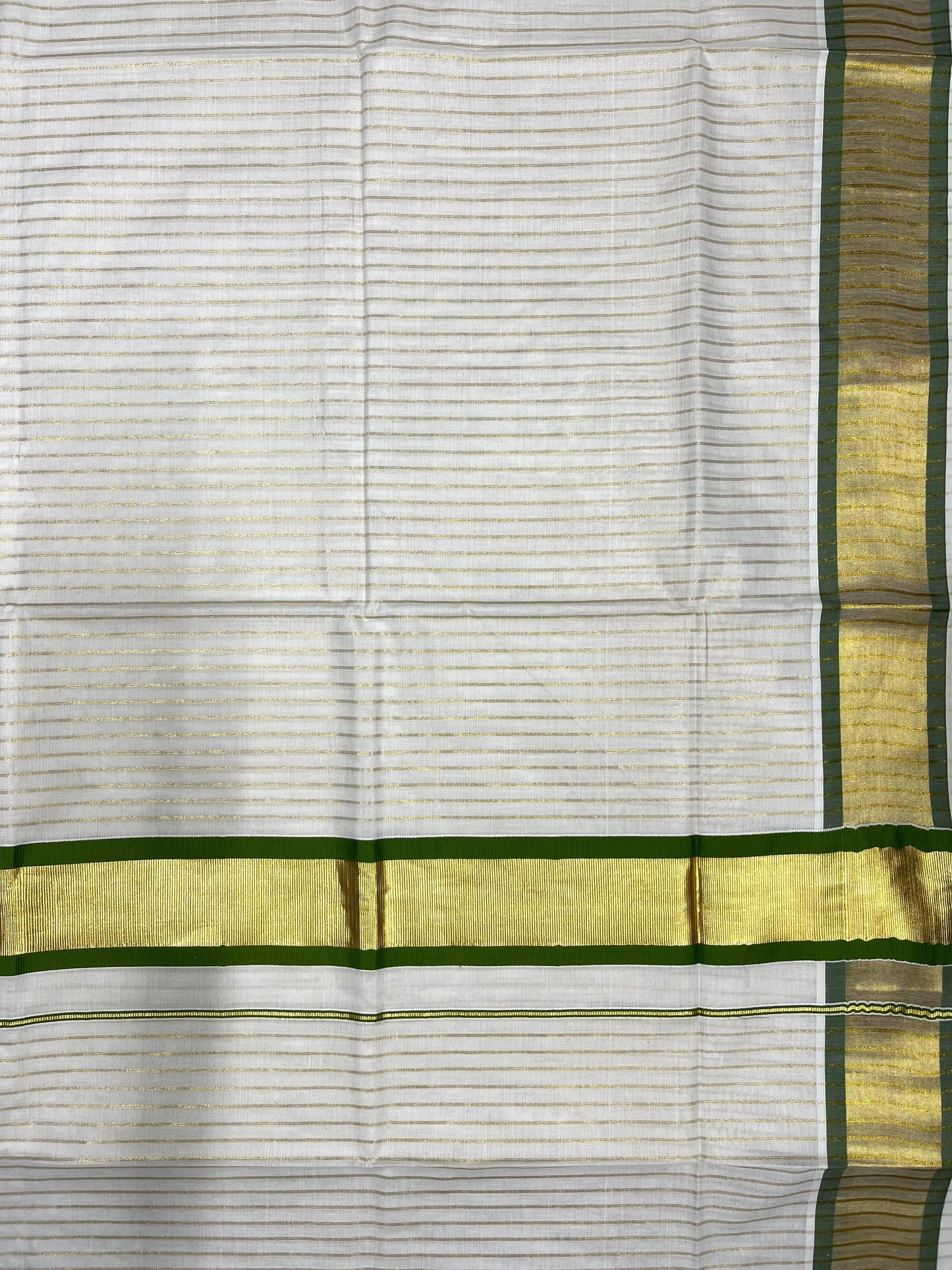 Southloom Pure Cotton Kerala Saree with Gold Kasavu Lines Across Body and Olive Green Border