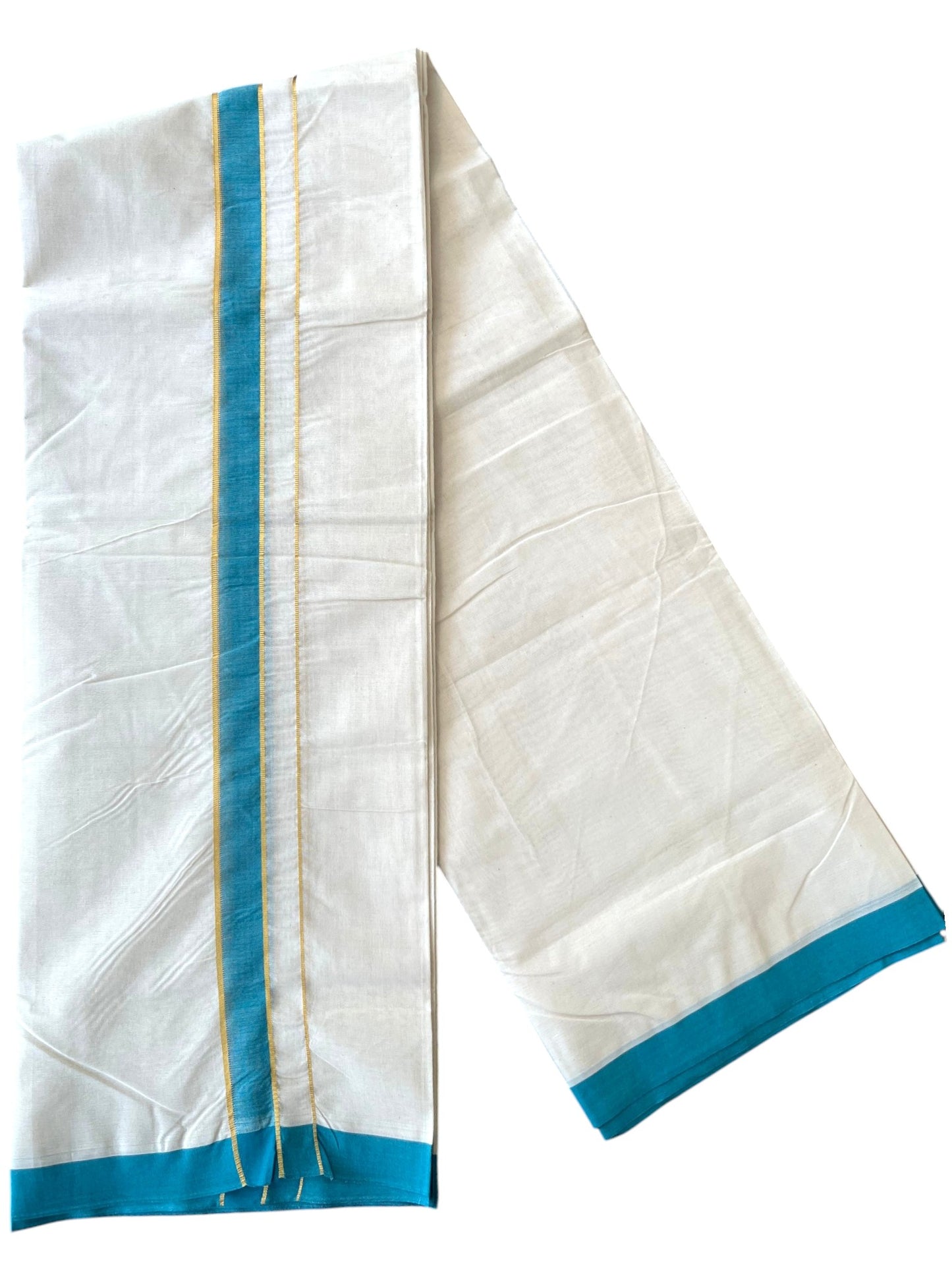 Southloom Pure Cotton Mundu with Golden Lines and Blue Border (South Indian Kerala Dhoti)