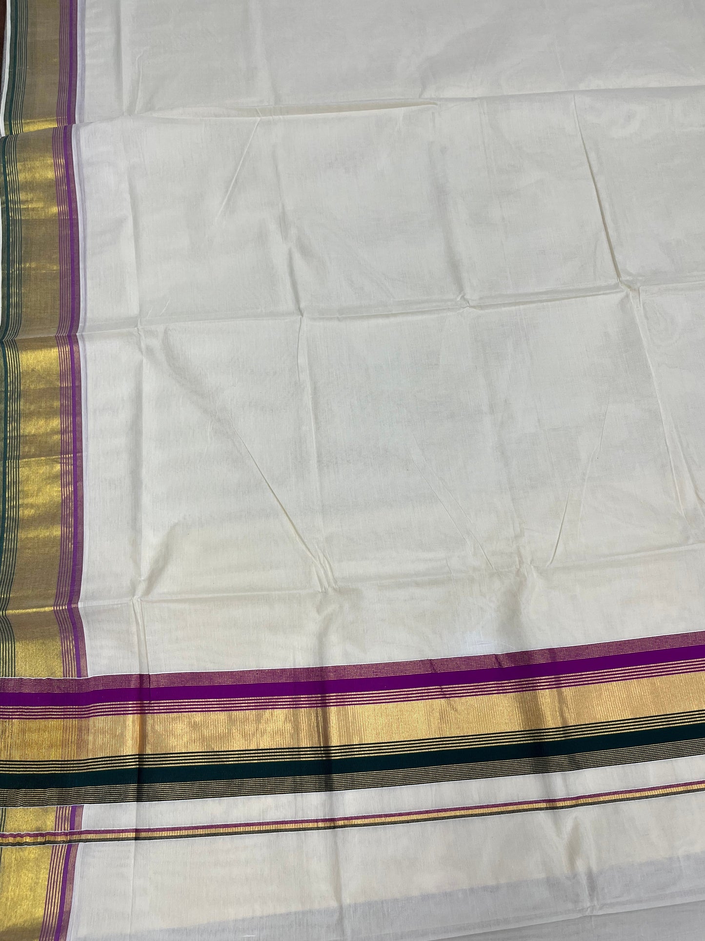 Southloom Kerala Cotton Kasavu Saree with Green And Magenta Border