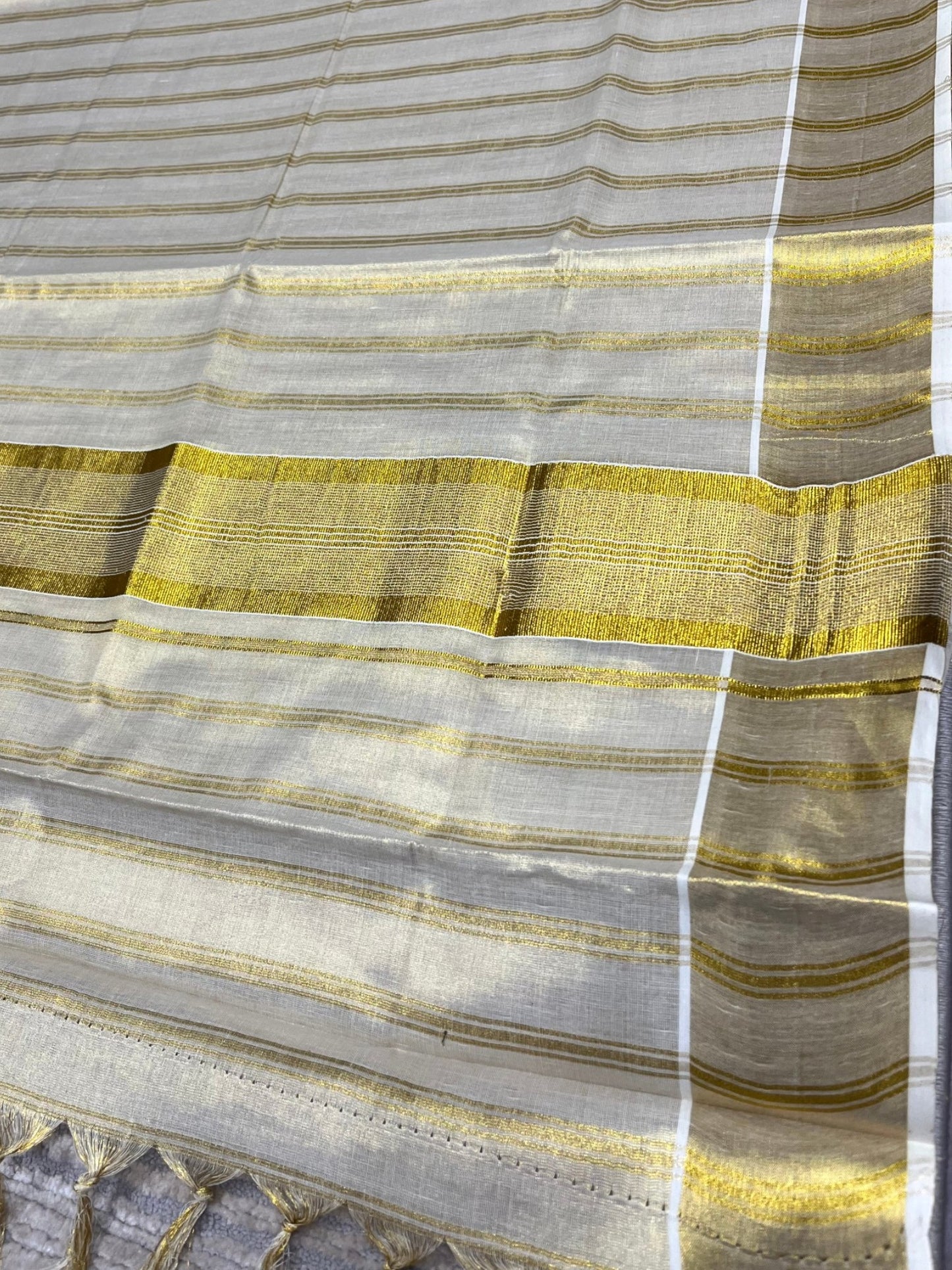 Southloom Tissue Kerala Kasavu Saree with Stripes on Body and Borders