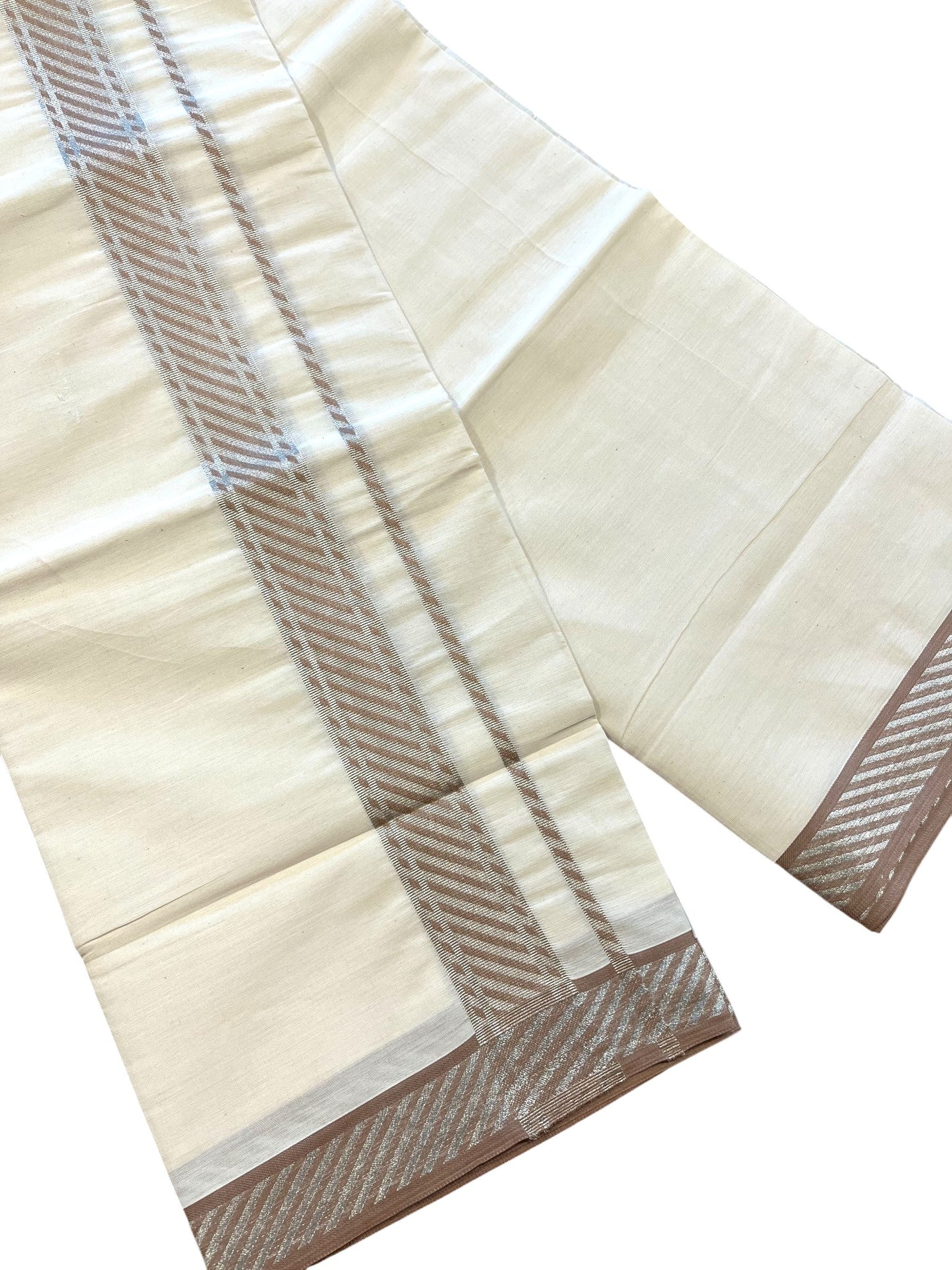 Southloom Off White Cotton Single Mundu with Ksavu and Kara Brown Border (South Indian Dhoti)