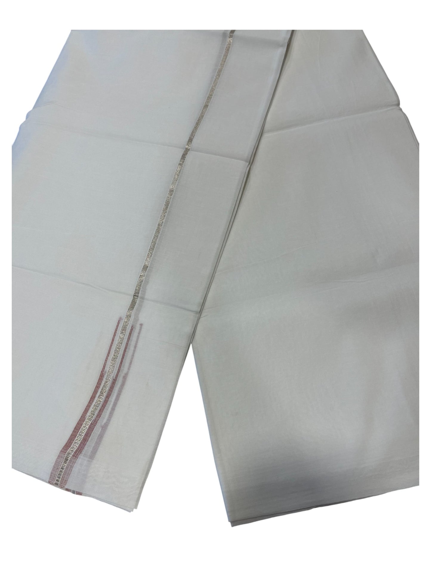 Pure White Cotton Double Mundu with Silver and Maroon Chutti Kara (South Indian Dhoti)