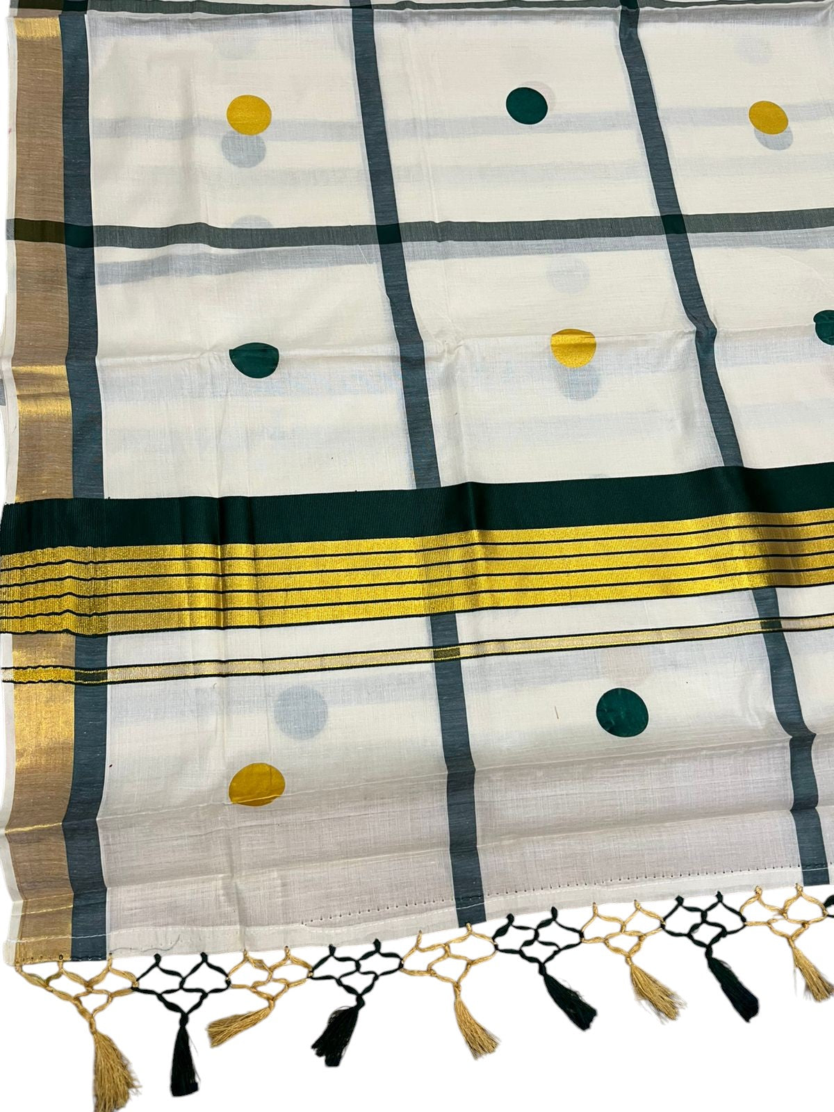 Southloom Kerala Cotton Kasavu Saree with Green & Gold Polka Works on Body