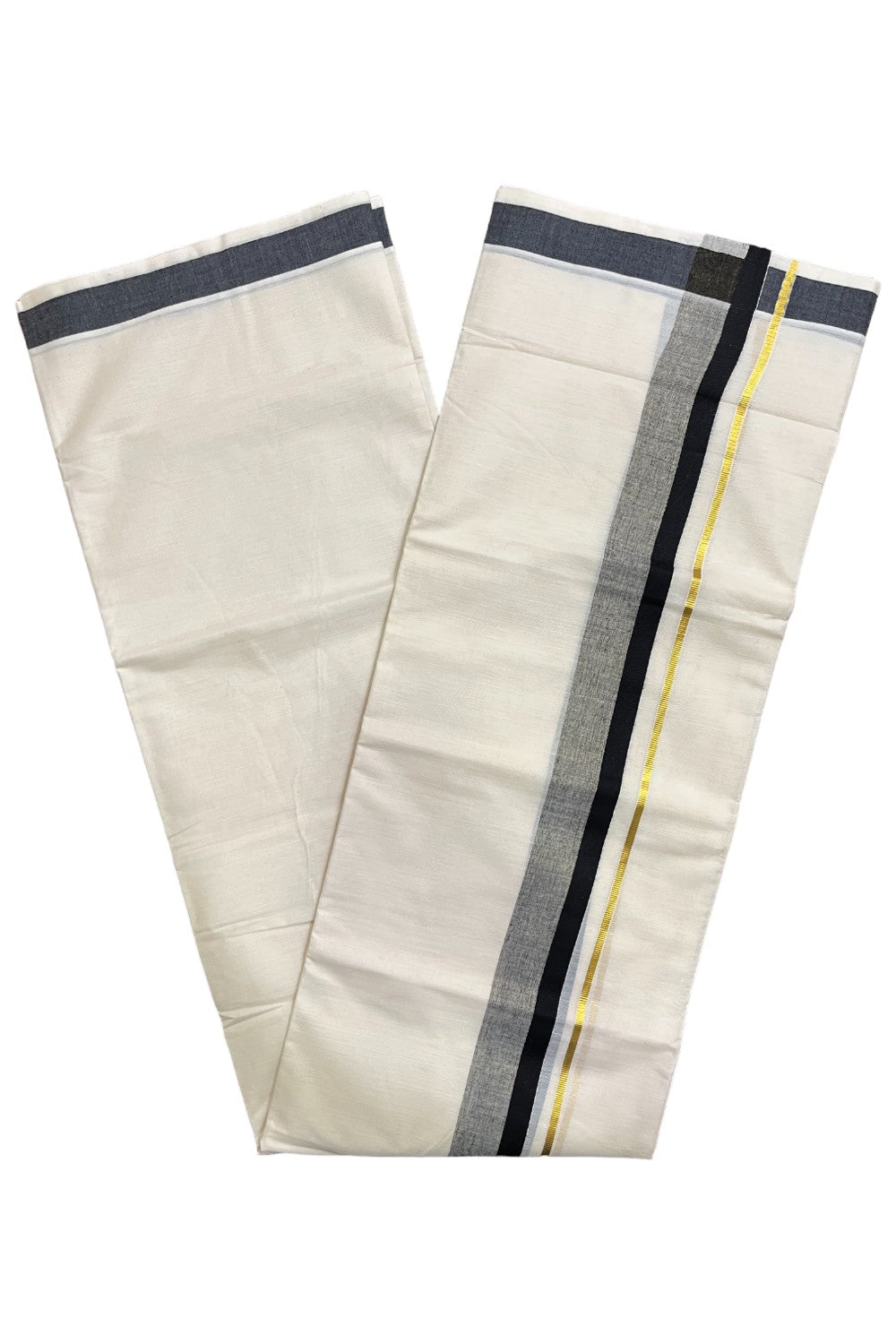 Kerala Pure Cotton Double Mundu with Black and Kasavu Border (South Indian Kerala Dhoti)