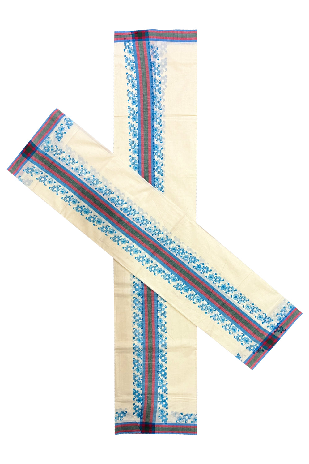 Kerala Pure Cotton Single Set Mundu (Mundum Neriyathum) with Blue Block Prints on Green Red Border