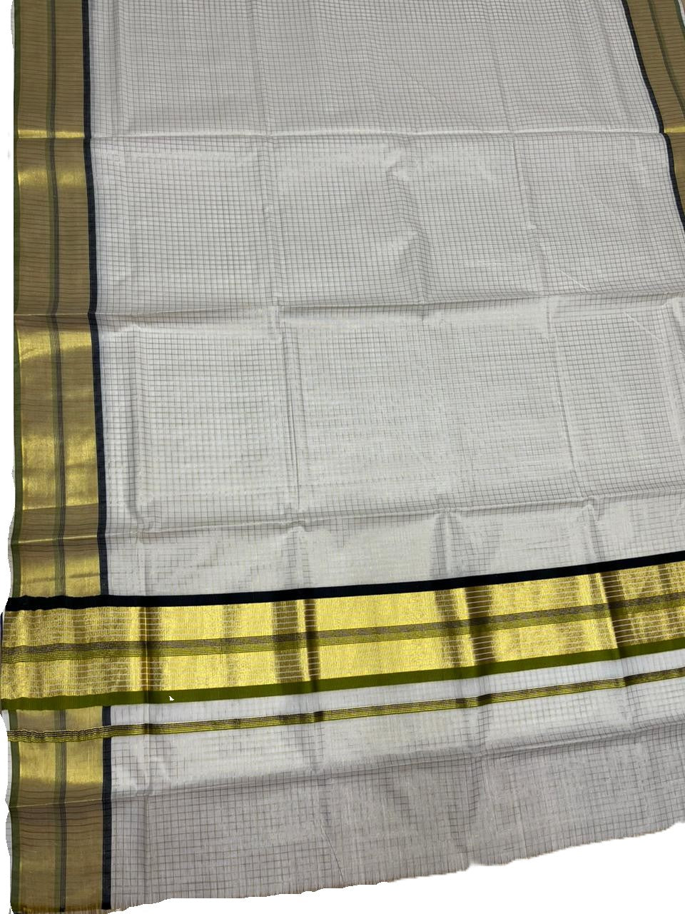 Southloom Kerala Cotton Kasavu Saree with Micro Check Design on Body in Black & Olive Green Border SL453