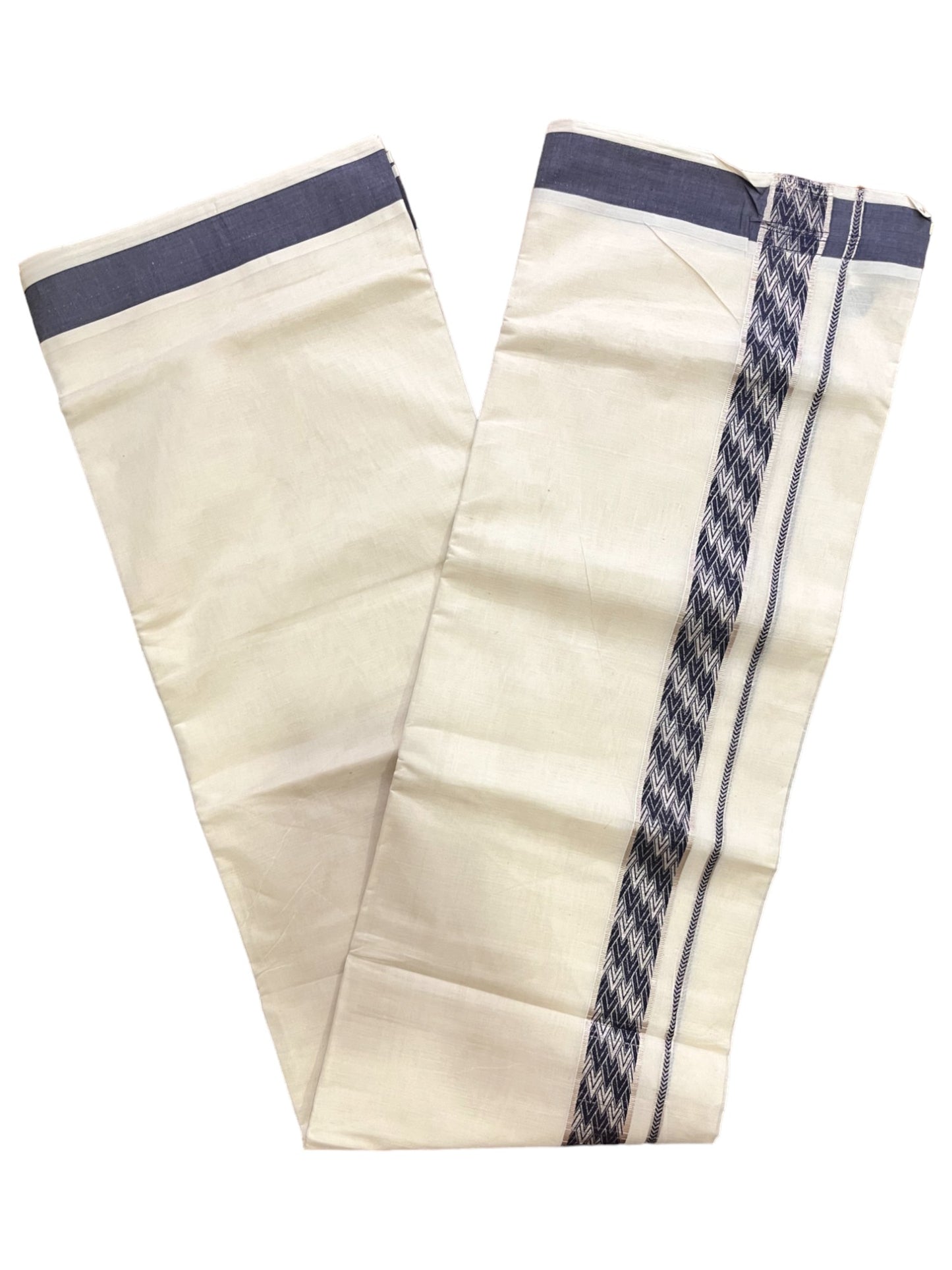 Kerala Pure Cotton Double Mundu with Silver Kasavu and Navy Blue Woven Border (Vishu 2024 Collection)