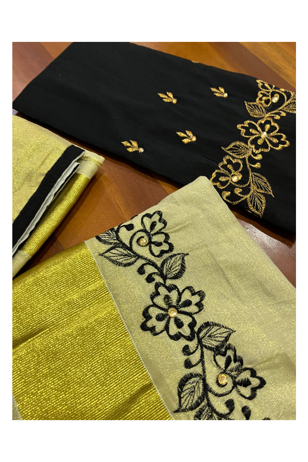 Kerala Tissue Kasavu Set Mundu (Mundum Neriyathum) with Handwork Embroidery Design and Black Blouse Piece