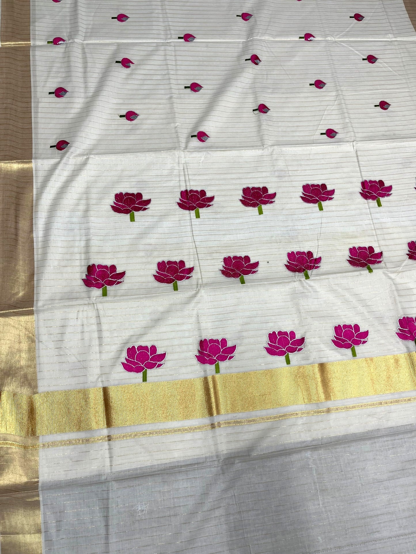 Southloom Kerala Cotton Kasavu Saree with Pink Lotus Embroidery Design