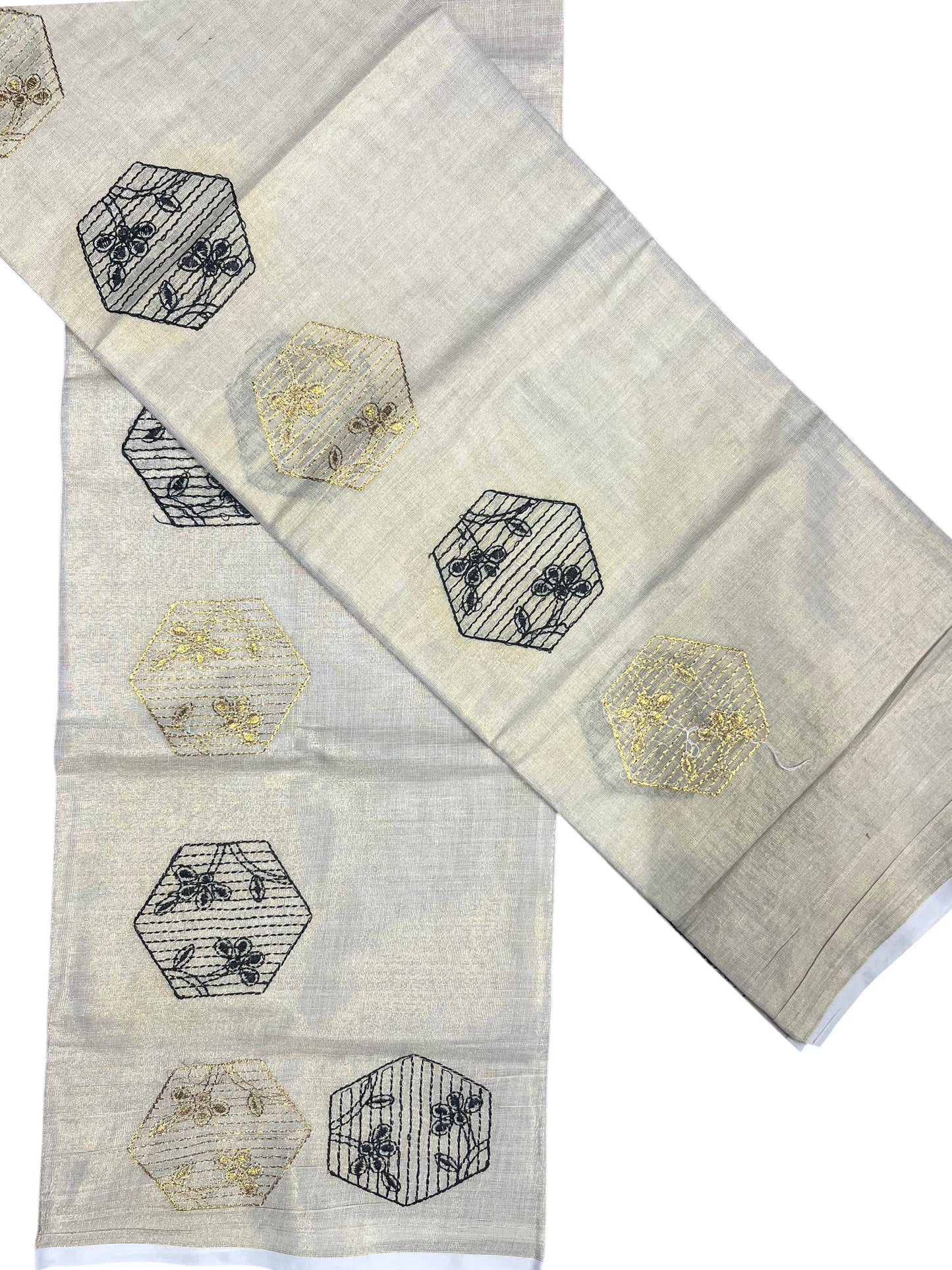 Southloom Kerala Tissue Kasavu Single Set Mundu (Mundum Neriyathum) Black and Golden Embroidery Work