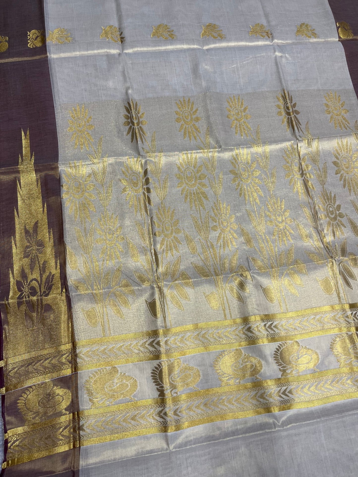 Southloom  Kerala Tissue Kasavu Heavy Work Saree with Peacock Design And Maroon Border SL483