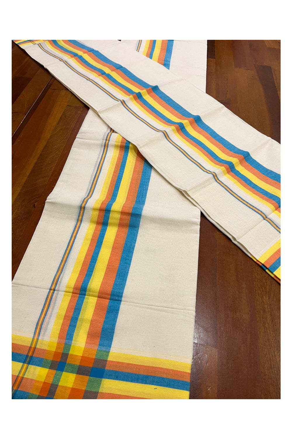 Pure Cotton Mundum Neriyathum Double (Set Mundu) with Blue Orange and Yellow Border