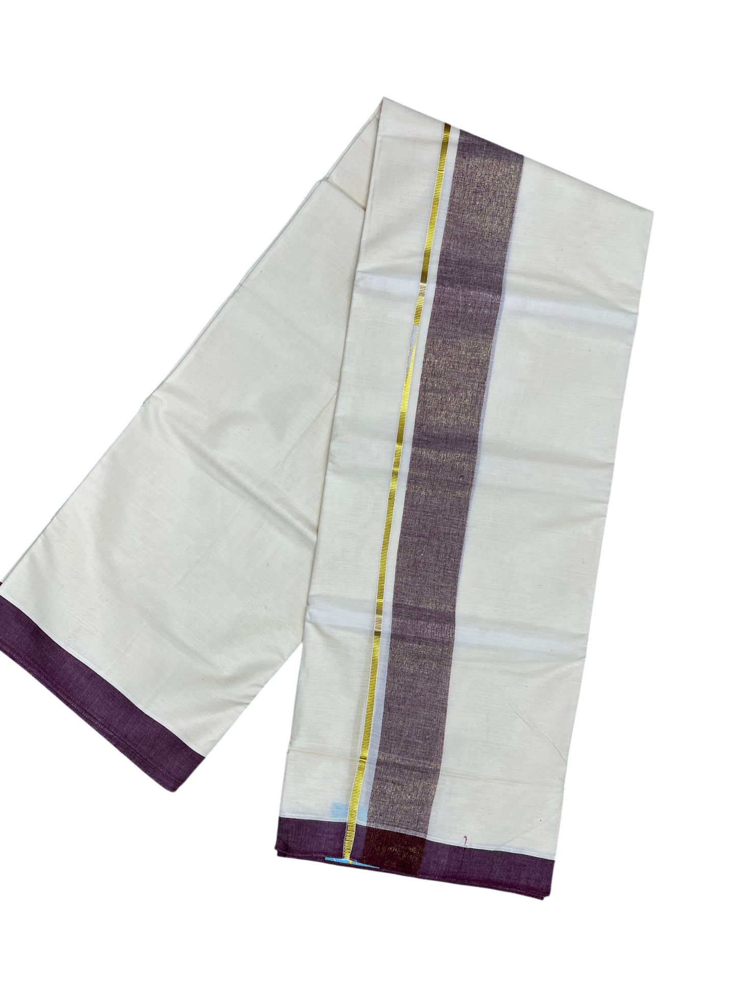Southloom Kerala Pure Cotton Double Mundu with Purple Border (South Indian Dhoti)