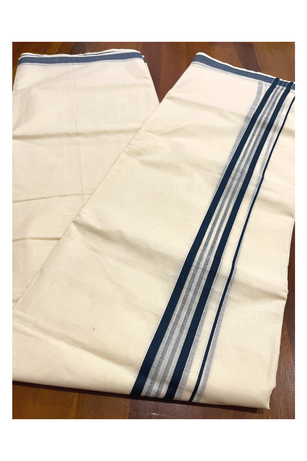 Kerala Cotton Double Mundu with Deep Green Line Border (Onam Mundu 2023)