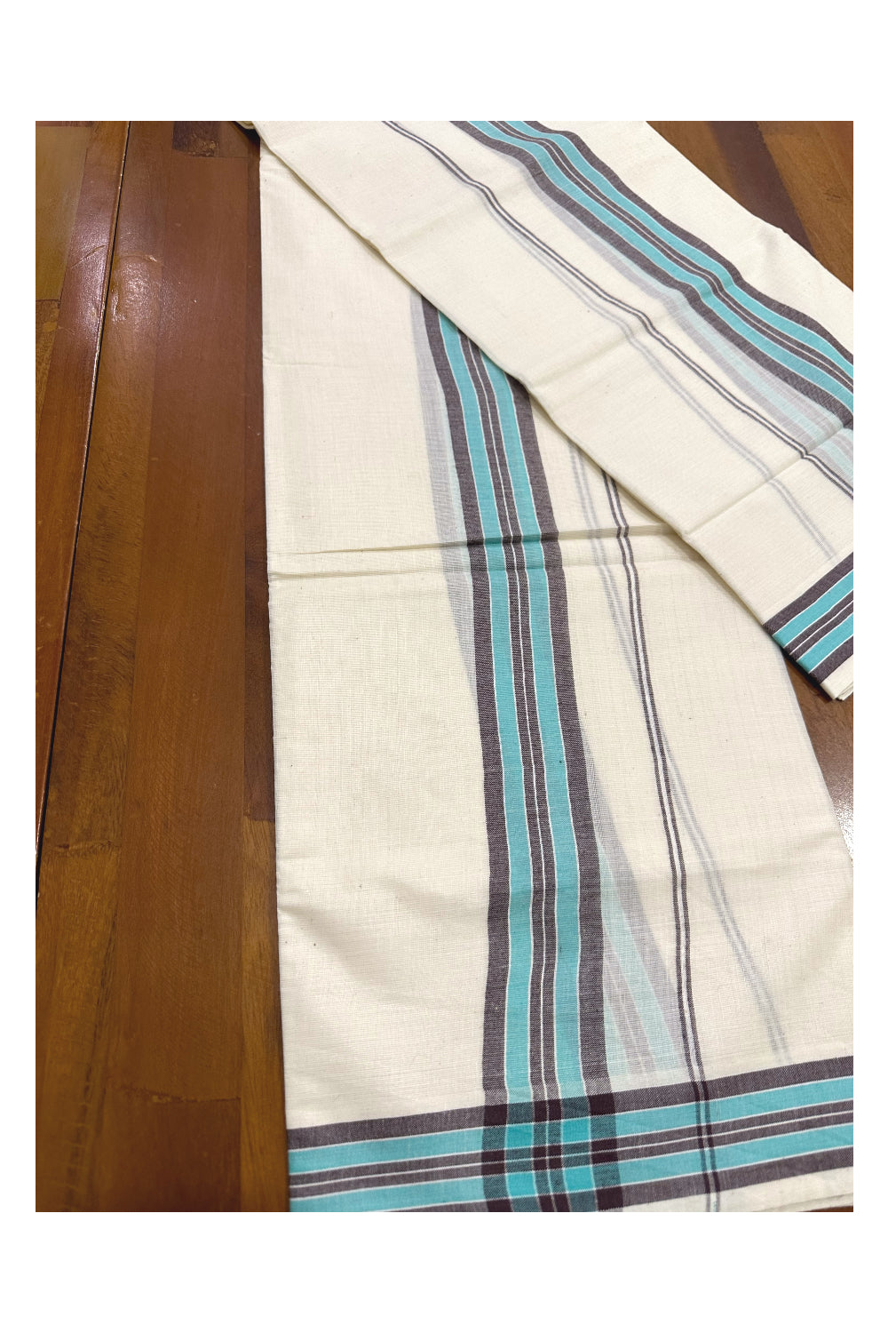 Kerala Mulloth Soft Cotton Mundum Neriyathum Single with Brown and Turquoise Border (Onam Set Mundu 2023)