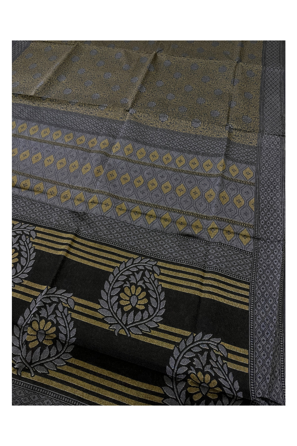 Southloom Cotton Green and Grey Designer Printed Saree