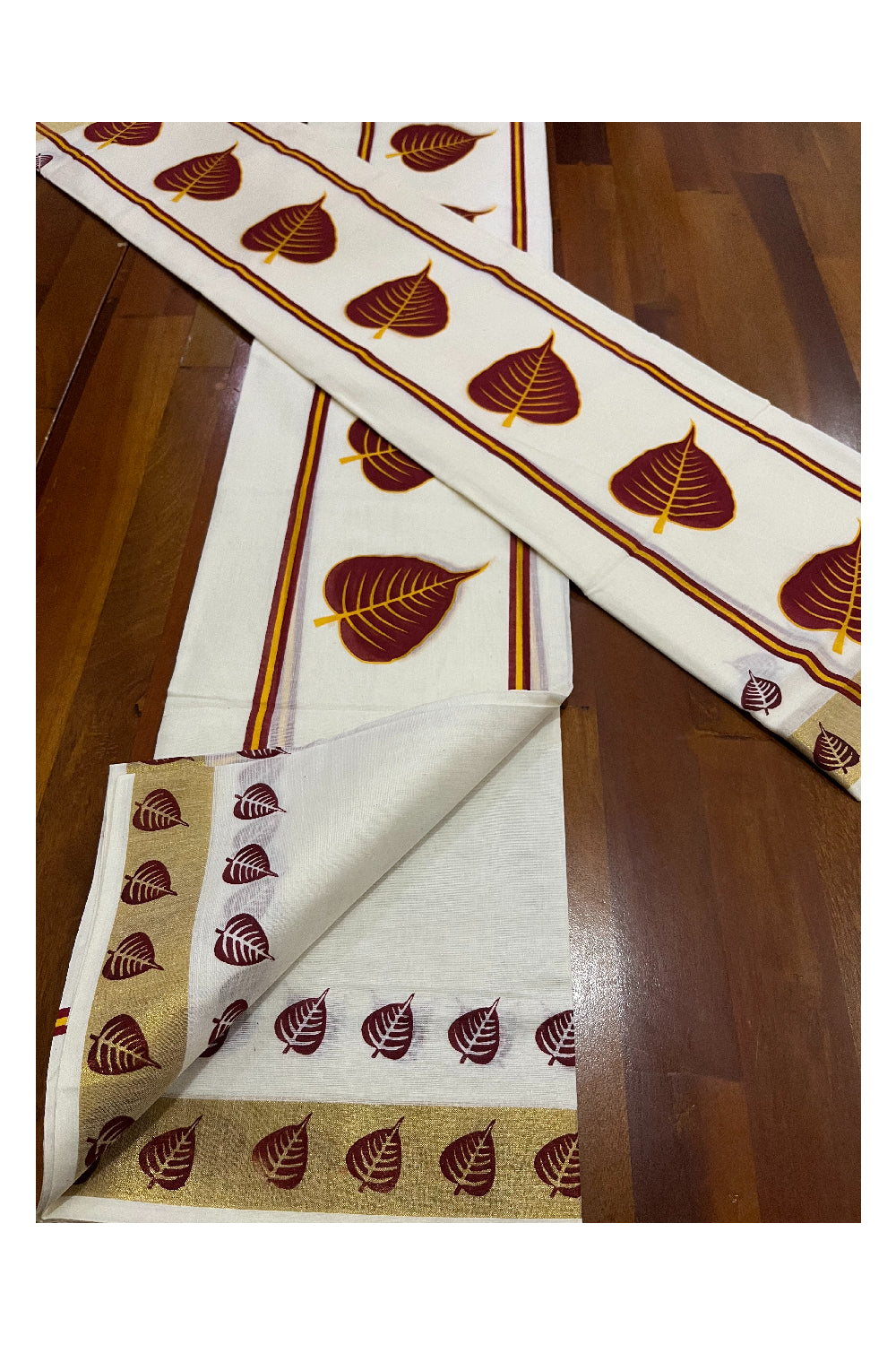 Cotton Kerala Single Set Mundu with Maroon Leaf Block Prints 2.80 Mtrs