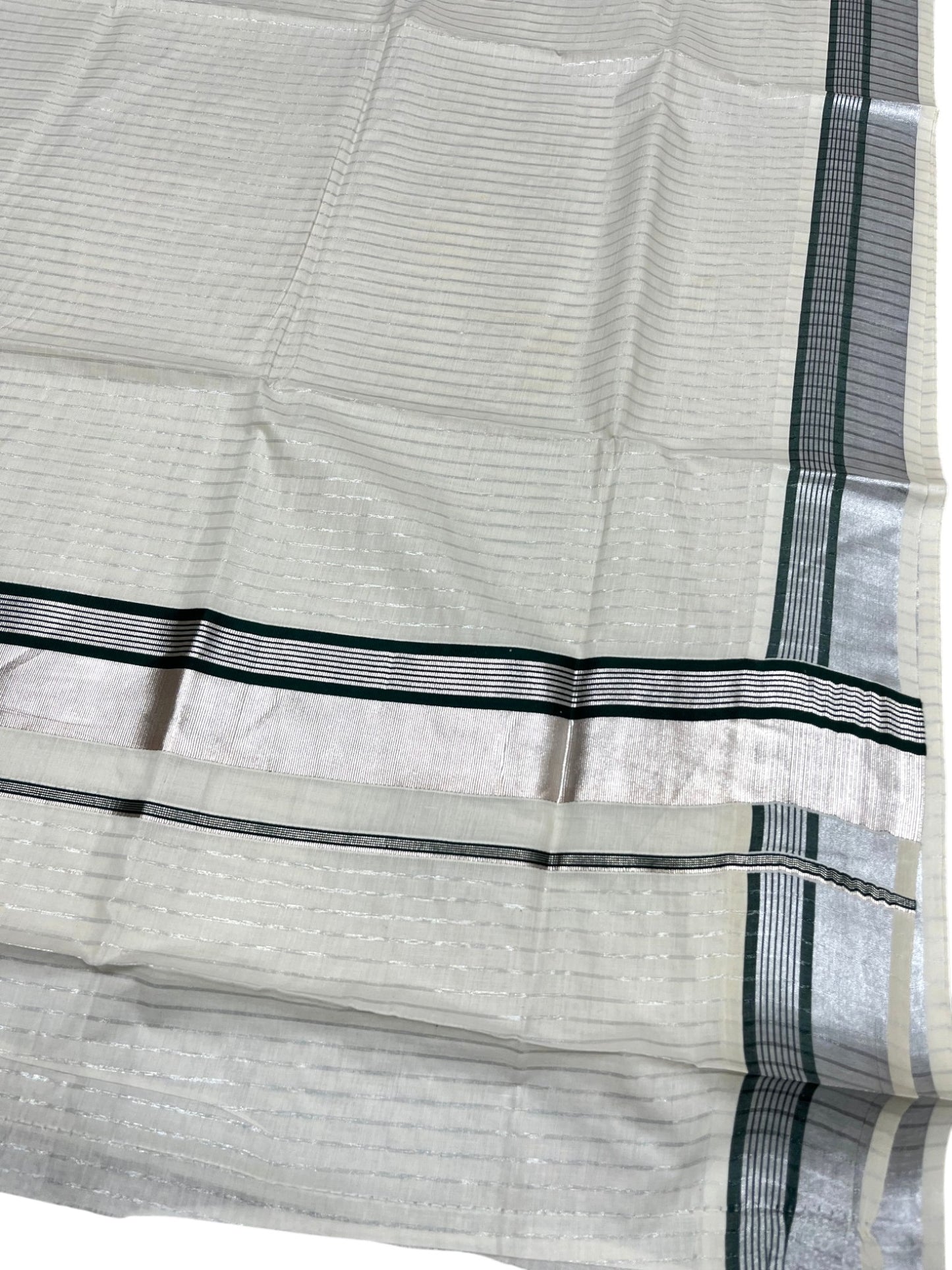 Southloom Pure Cotton Kerala Silver Kasavu Lines Saree with Green and Silver Border