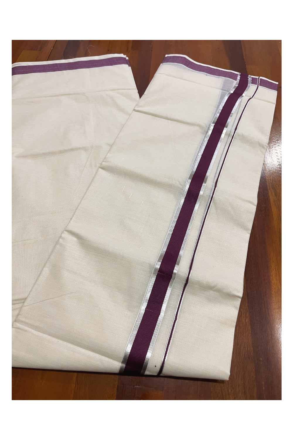 Pure Cotton Double Mundu with Silver Kasavu and Purple Kara (South Indian Kerala Dhoti)