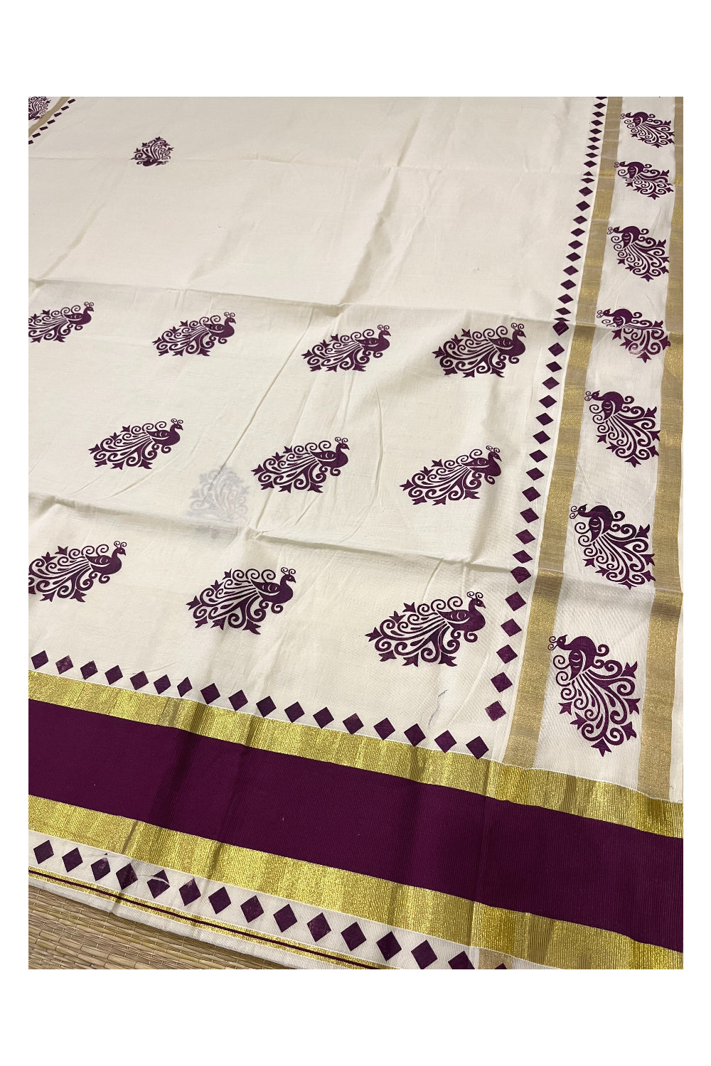 Pure Cotton Kerala Saree with Purple Peacock Block Printed Kasavu Border