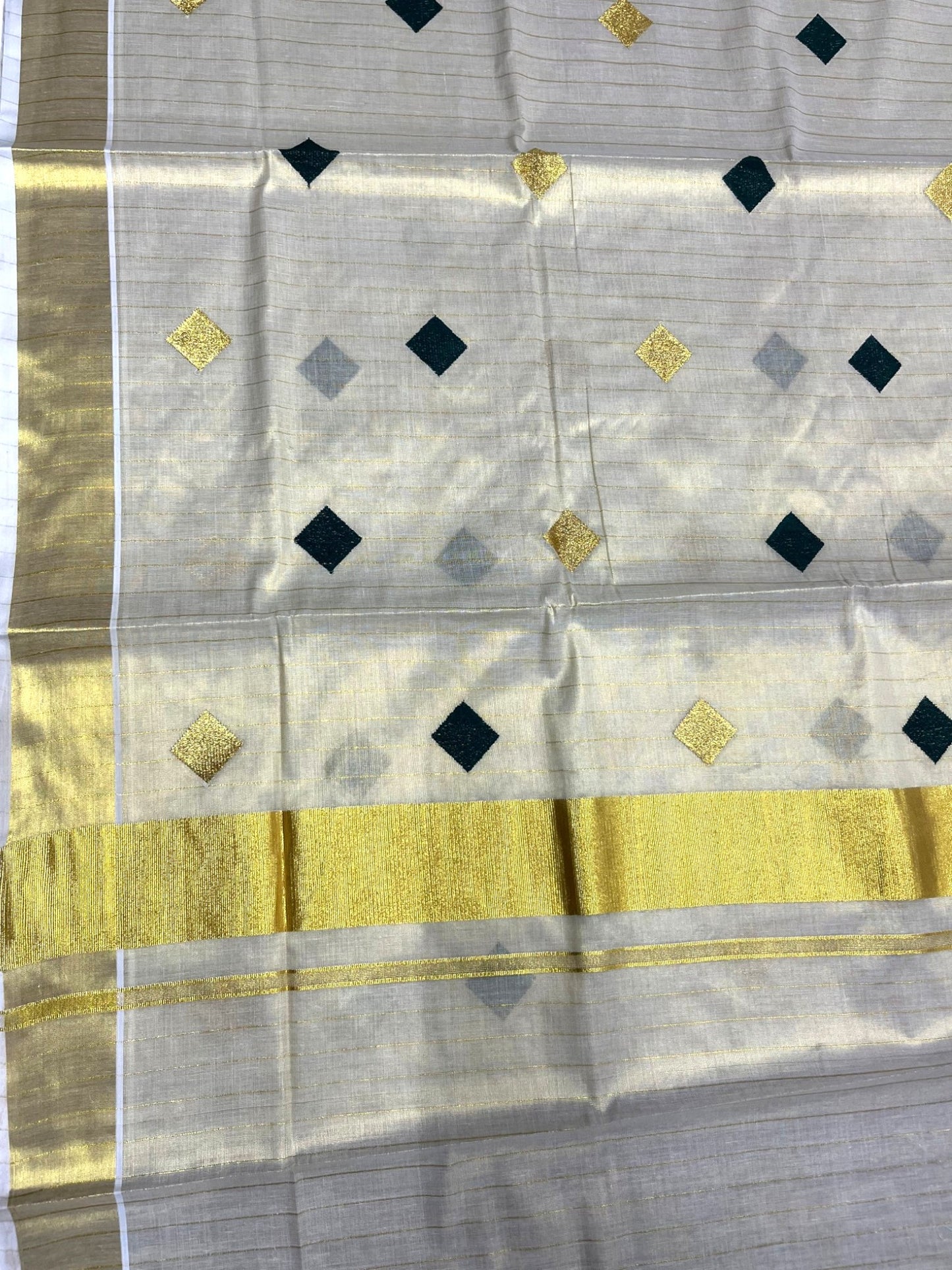 Southloom Kerala Tissue Kasavu Striped Saree with  Diagonal Woven Designs in Green and Gold Body Work