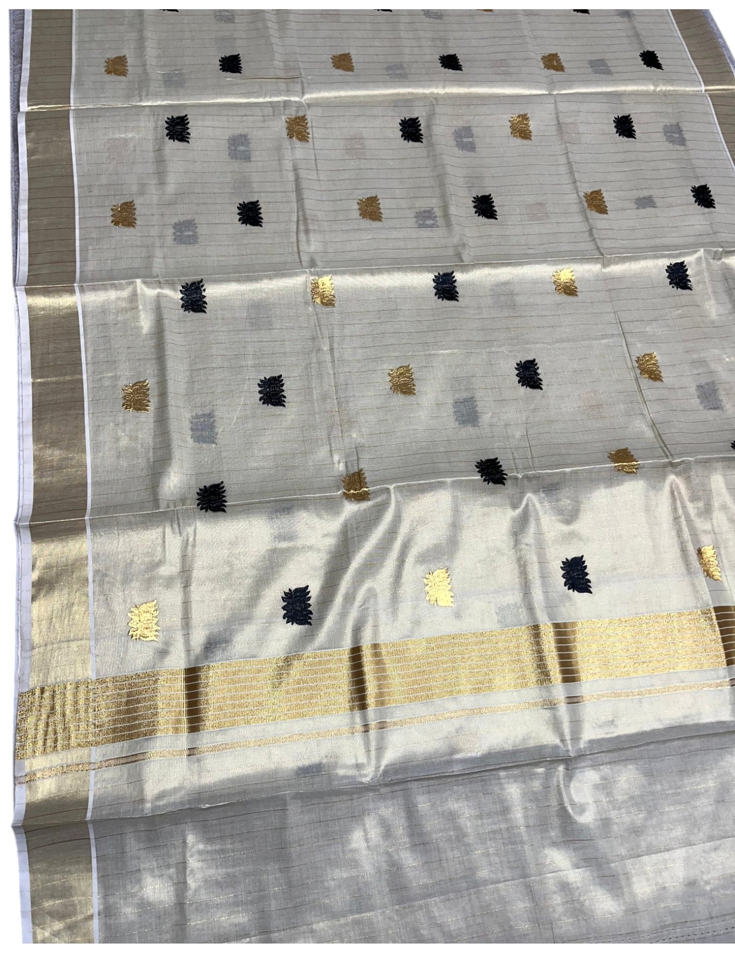 Southloom Kerala Tissue Kasavu Saree with Black&Gold Lotus Embroidery Works