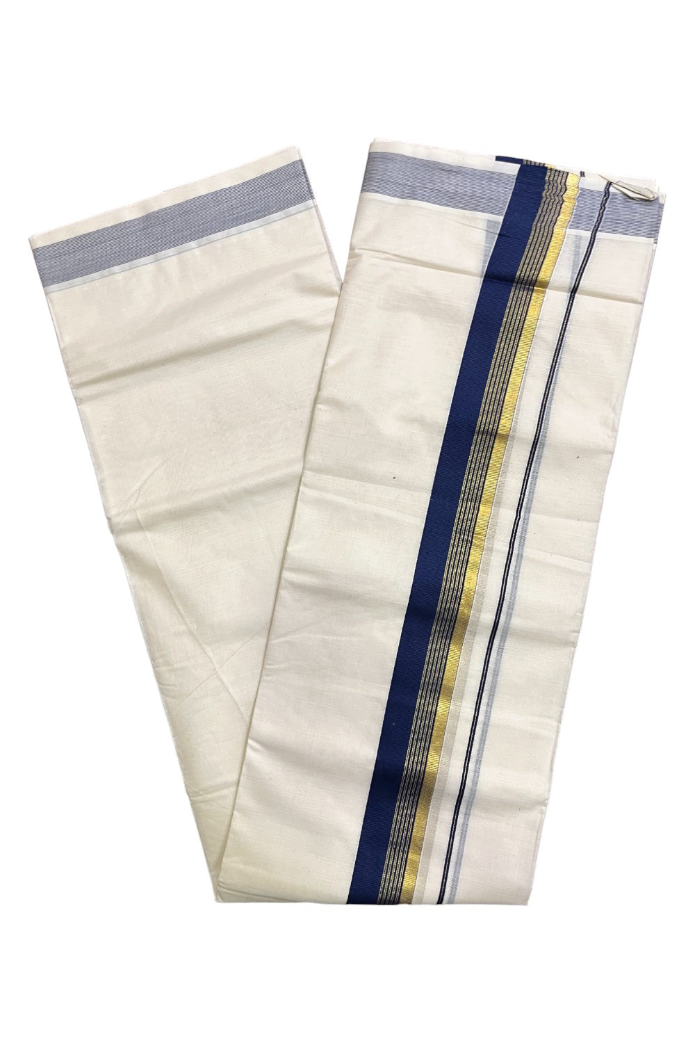 Kerala Pure Cotton Double Mundu with Dark Blue and Kasavu Border (South Indian Kerala Dhoti)