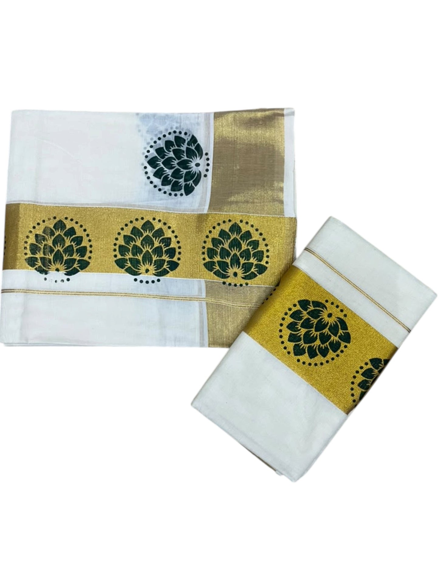 Southloom Pure Cotton Set Mundu with Gold Kasavu and Green Floral Digital Print in 2.80 Mtrs SL383