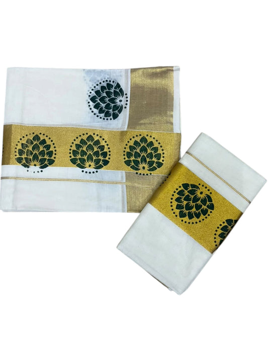 Southloom Pure Cotton Set Mundu with Gold Kasavu and Green Floral Digital Print in 2.80 Mtrs SL383