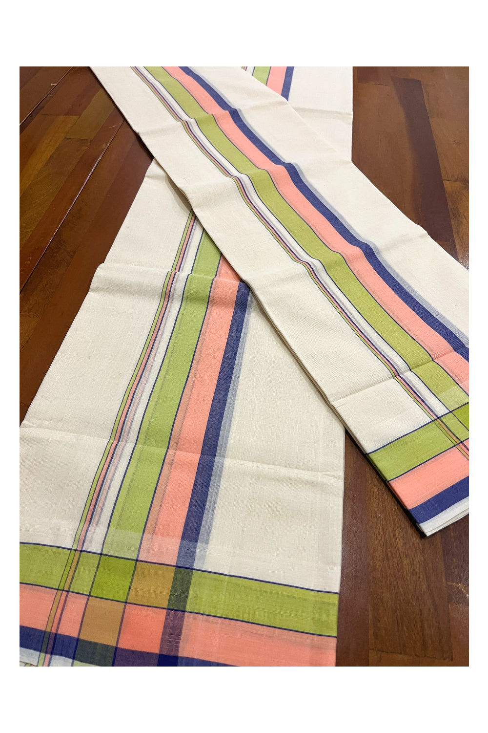 Southloom Premium Handloom Single Set Mundu (Mundum Neriyathum) with Green Peach and Blue Border