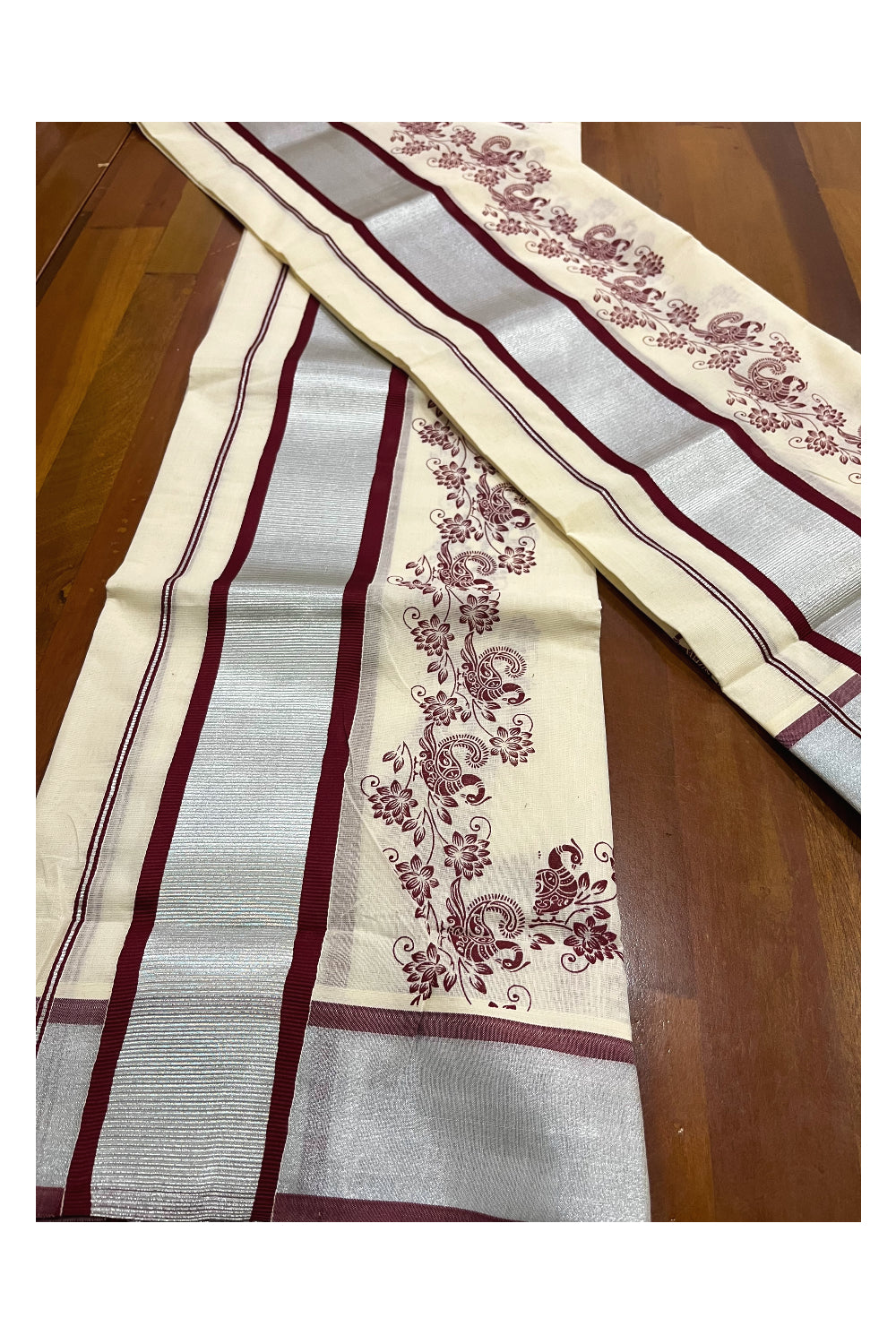 Pure Cotton Kerala Single Set Mundu (Mundum Neriyathum) with Maroon Block Printed Silver Kasavu Border