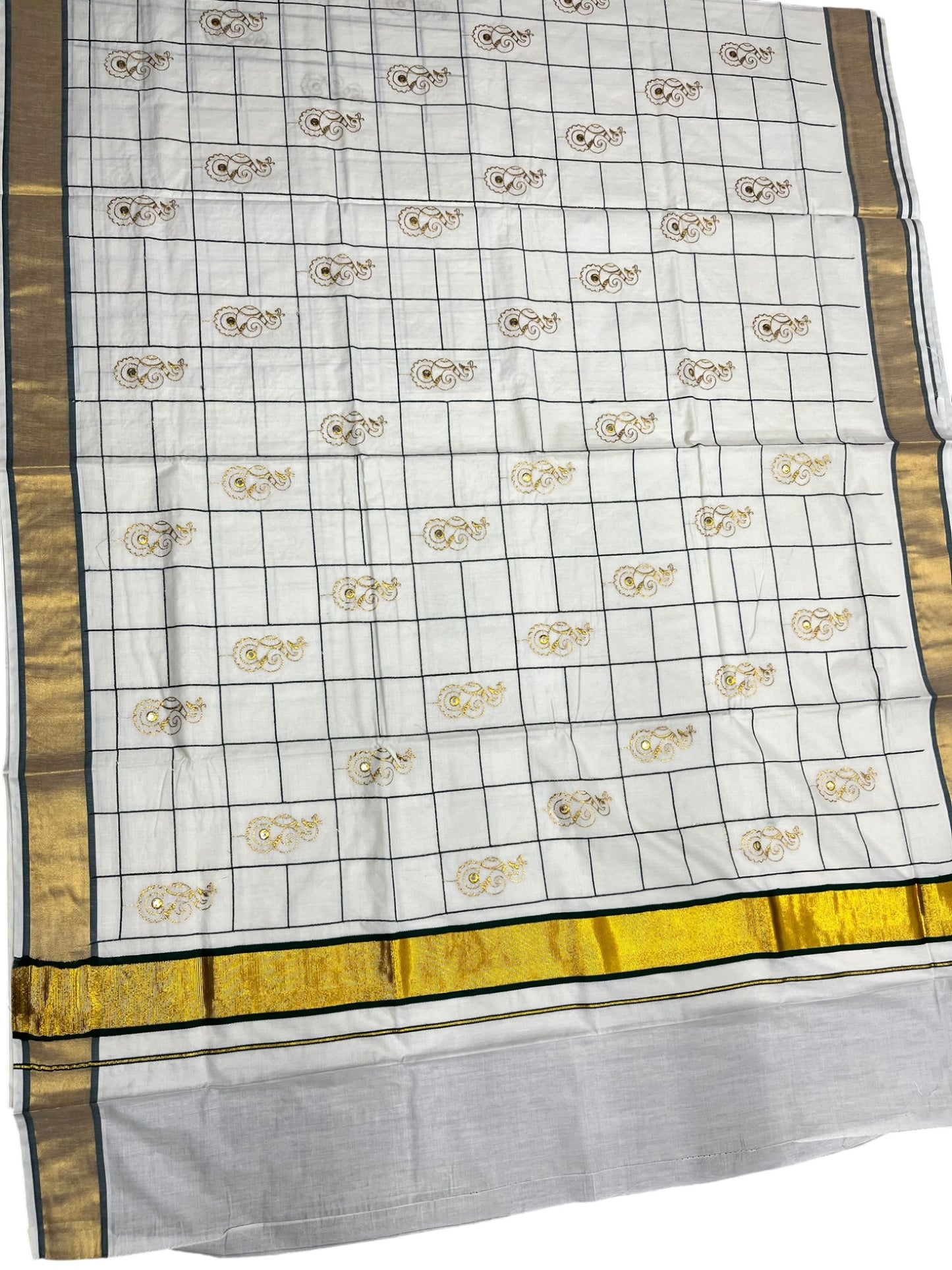 Southloom Cotton Kerala Kasavu Check Saree with Peacock Feather Embroidery Design in Green