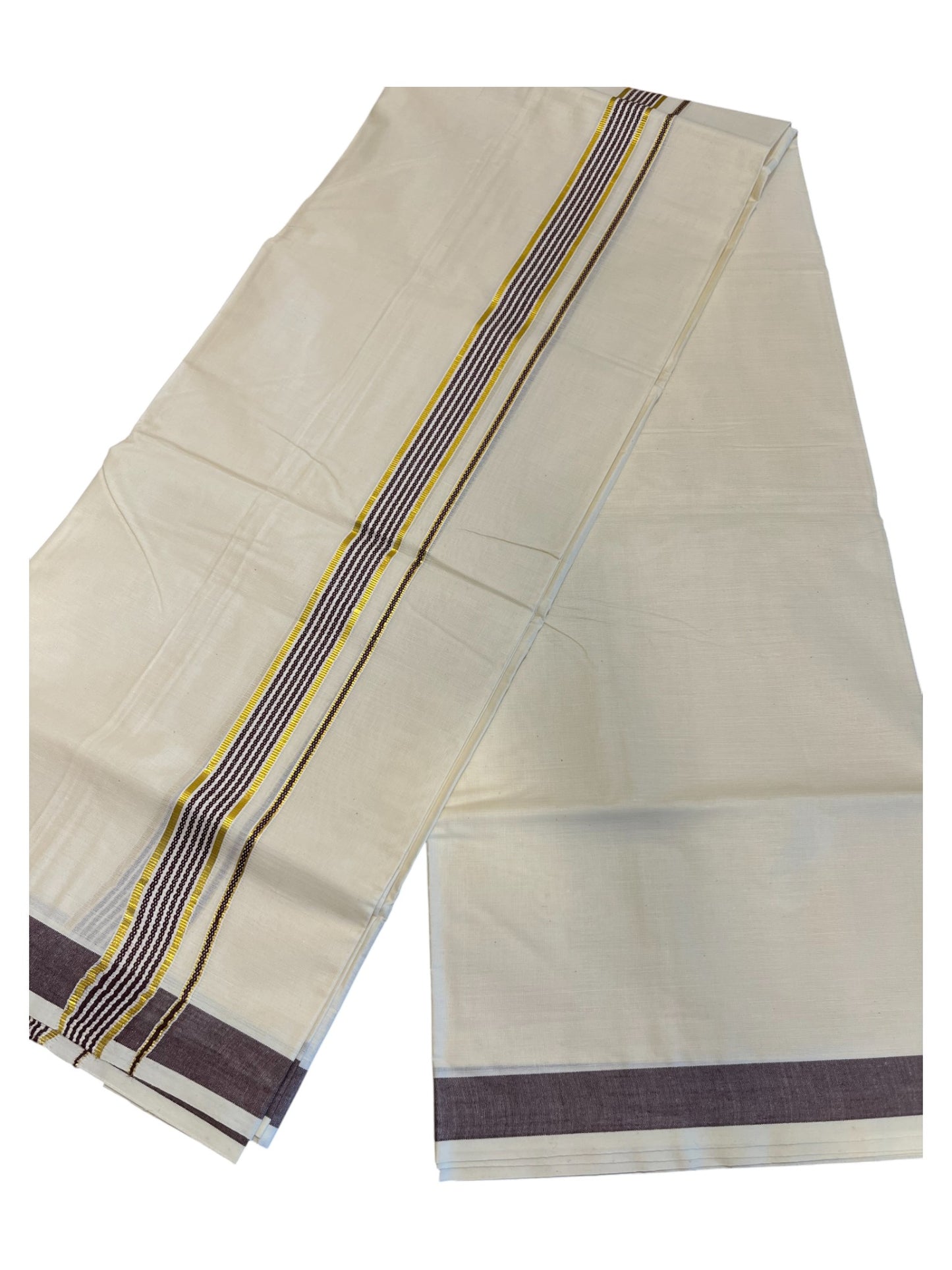 Southloom Pure Cotton  Double Mundu With  Gold Kasavu & Brown Lines Border (South Indian Kerala Dhoti)