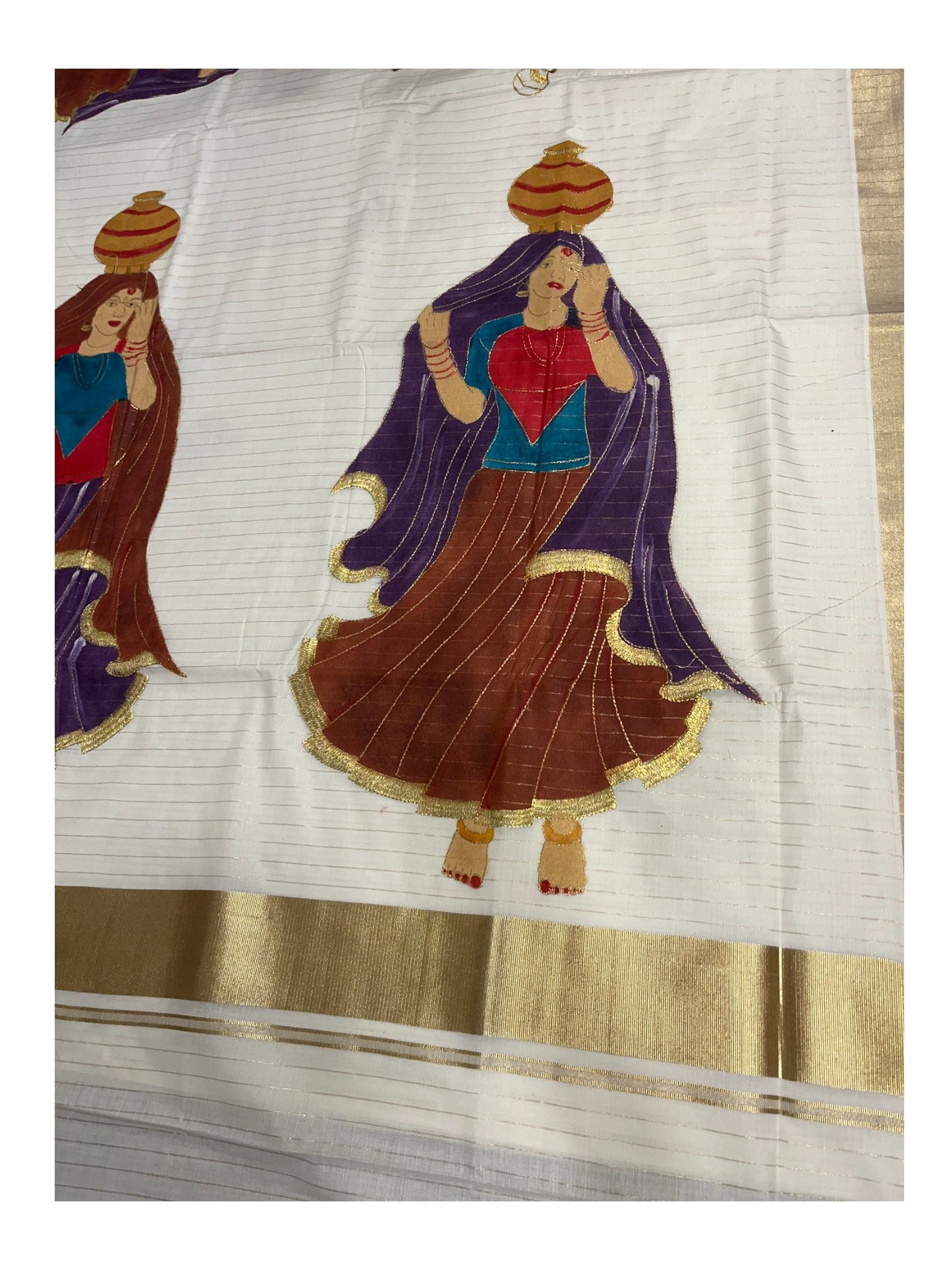 Southloom  Kerala Cotton Kasavu Line Saree with Hand Painted &Embroidery Design