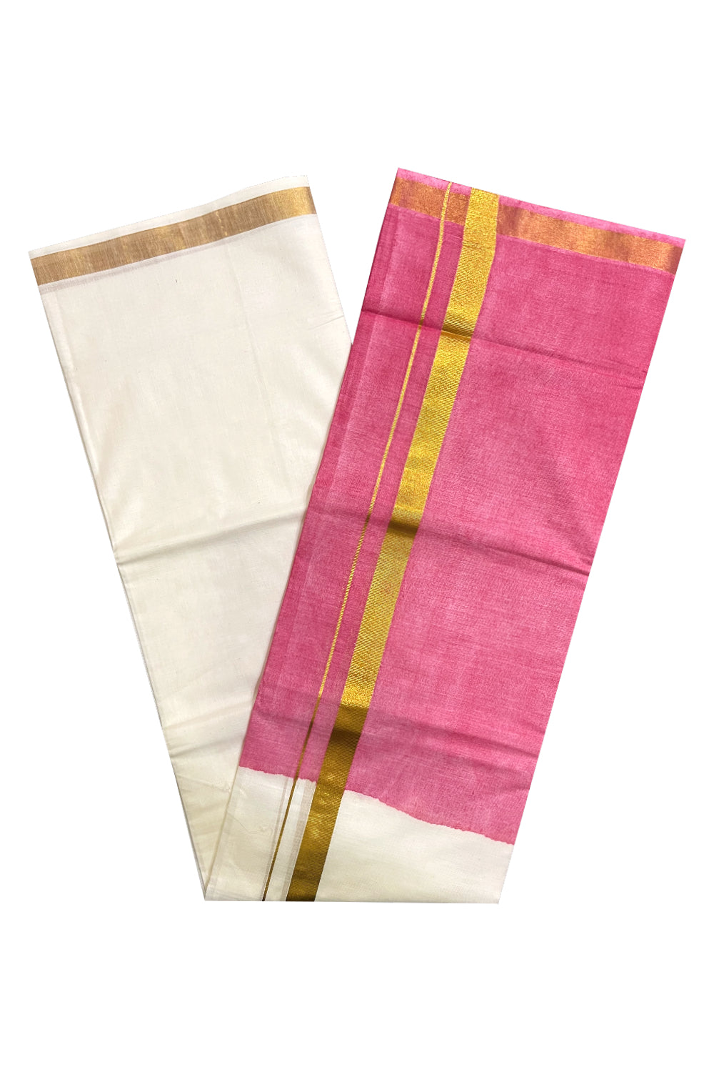 Southloom Tie & Dye - Half & Half  Multi Colour Dark Pink Design Cotton Kerala Double Mundu with Kasavu Border (South Indian Kerala Dhoti)