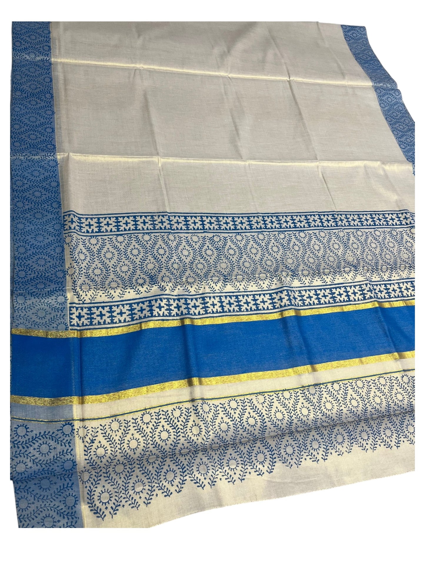 Southloom Tissue Kerala Kasavu Saree with Block Print on Body and Borders in Blue